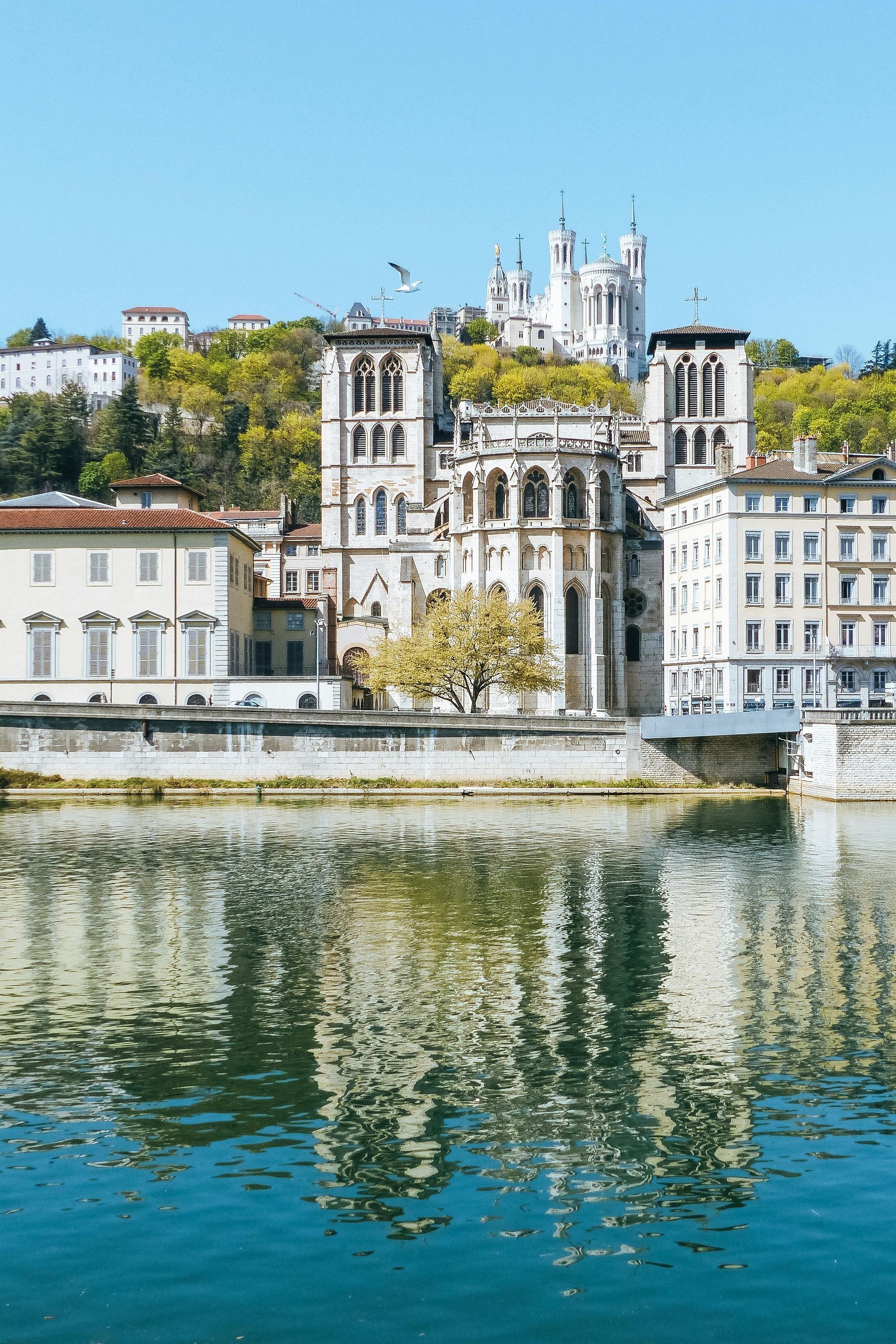 A large building is reflected in a body of water, in Lyon, France.