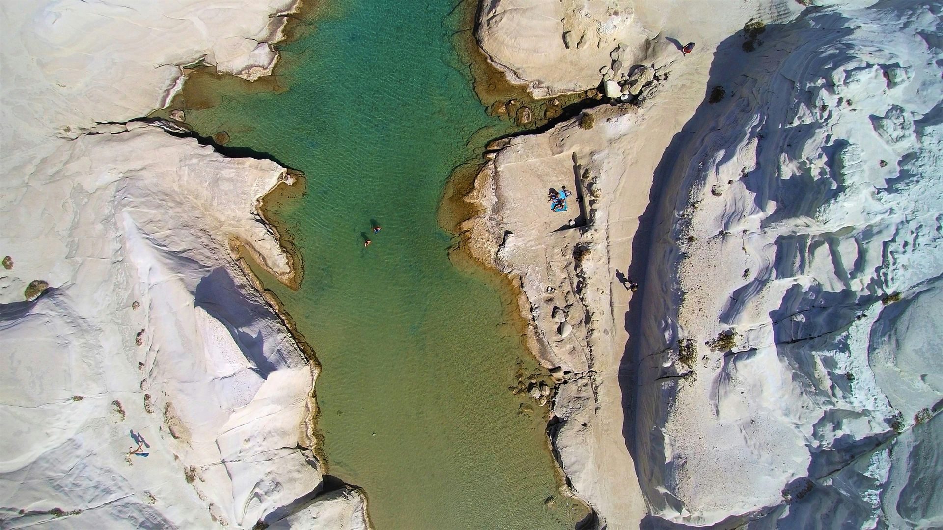 An aerial view of Sarakiniko Beach in Milos, Greece.