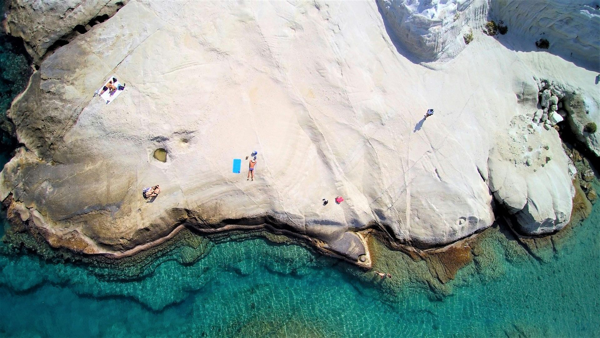 An aerial view of Sarakiniko beach in Milos, Greece.