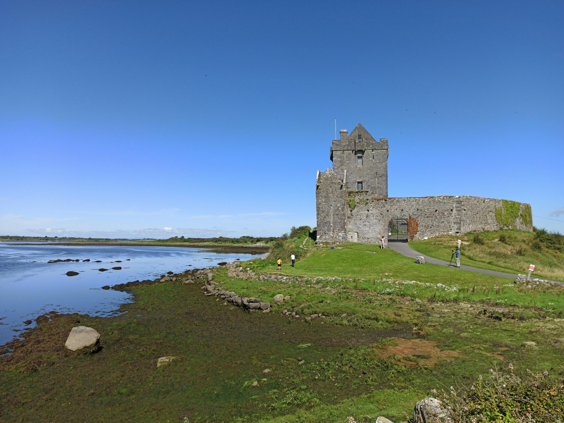 Dunguaire Castle is sitting on top of a grassy hill next to a body of water in Ireland.