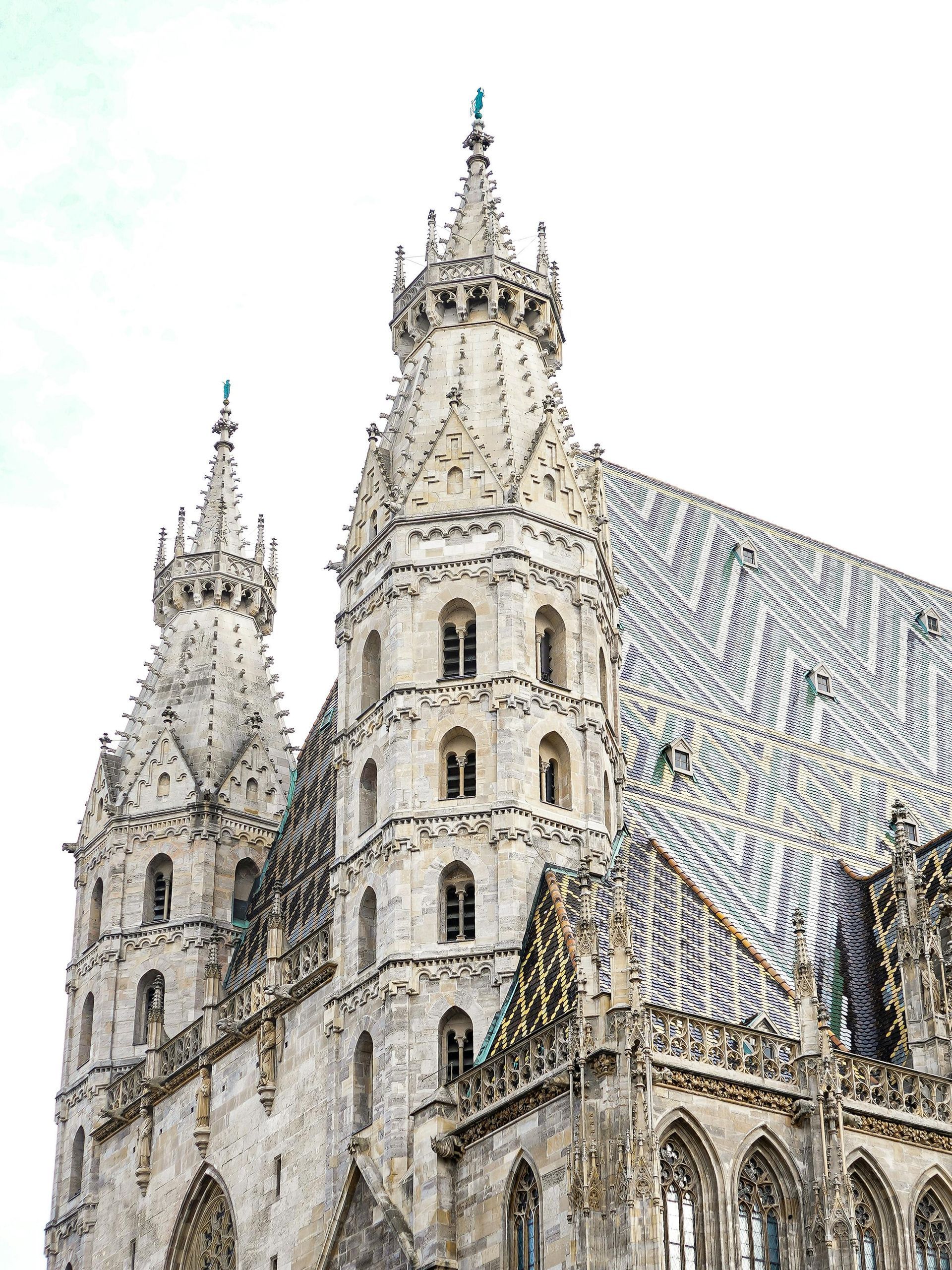 St. Stephen's Cathedral with two towers on top of it in Vienna, Austria.