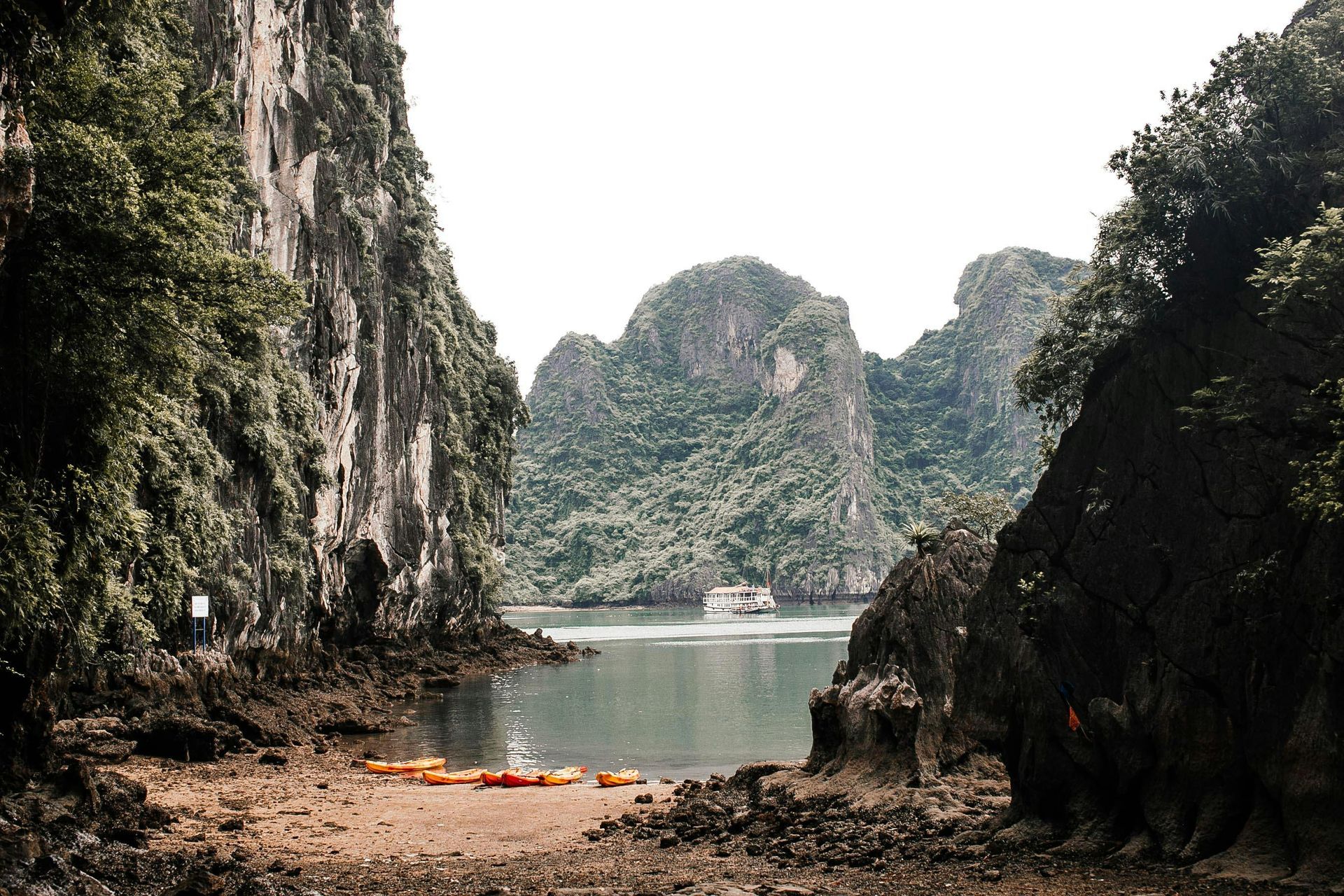 A view Hạ Long Bay surrounded by mountains and trees in Vietnam. 