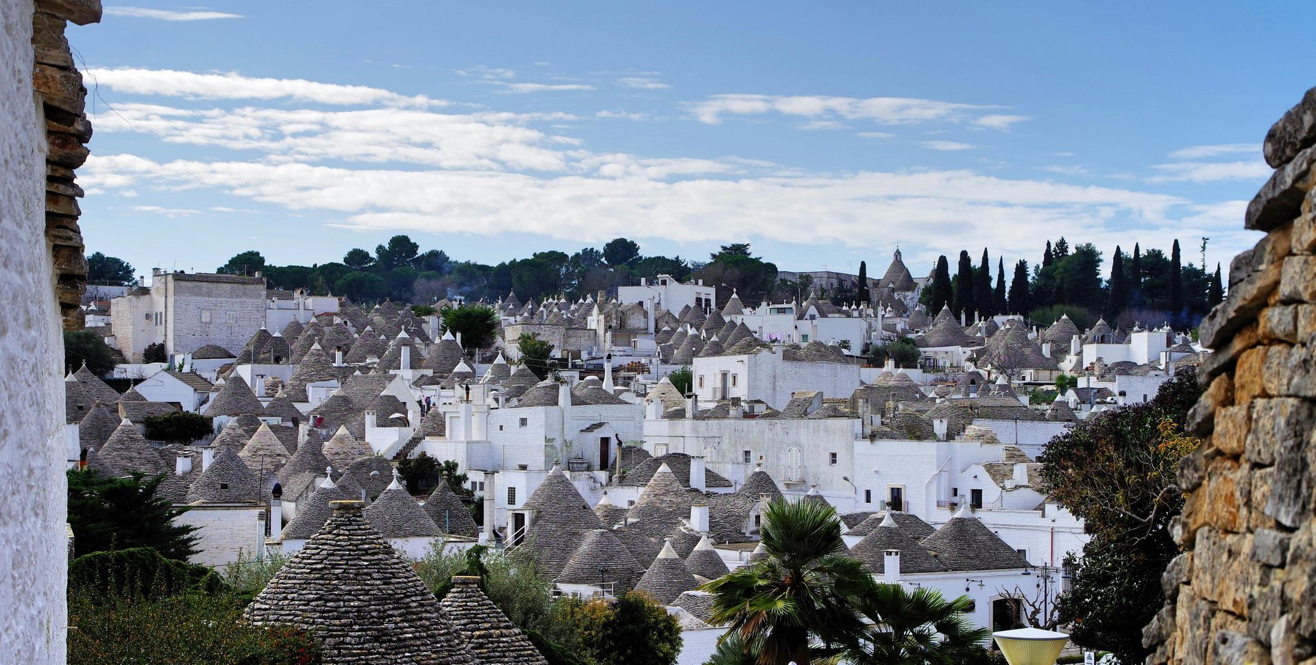 The city of Alberobello with a lot of buildings and trees in the background in Puglia, Italy.