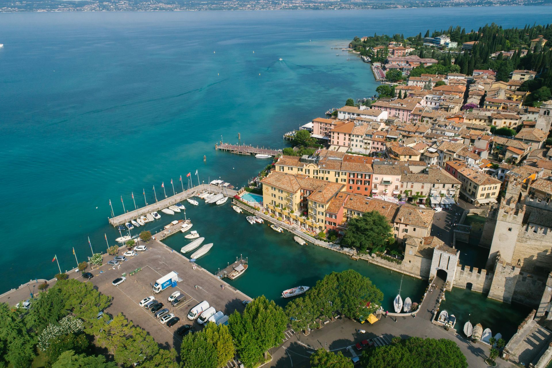 An aerial view of a small town on Lake Garda, Italy.