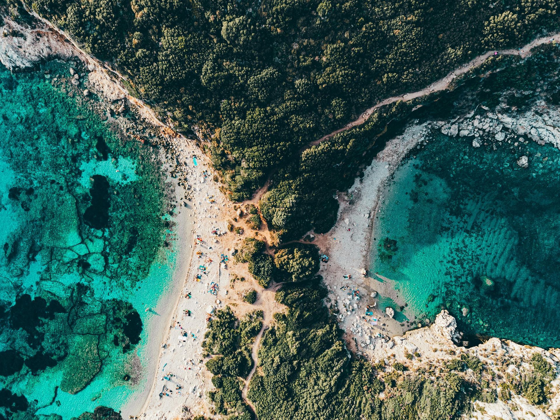 An aerial view of a beach surrounded by trees and turquoise water in Corfu, Greece.