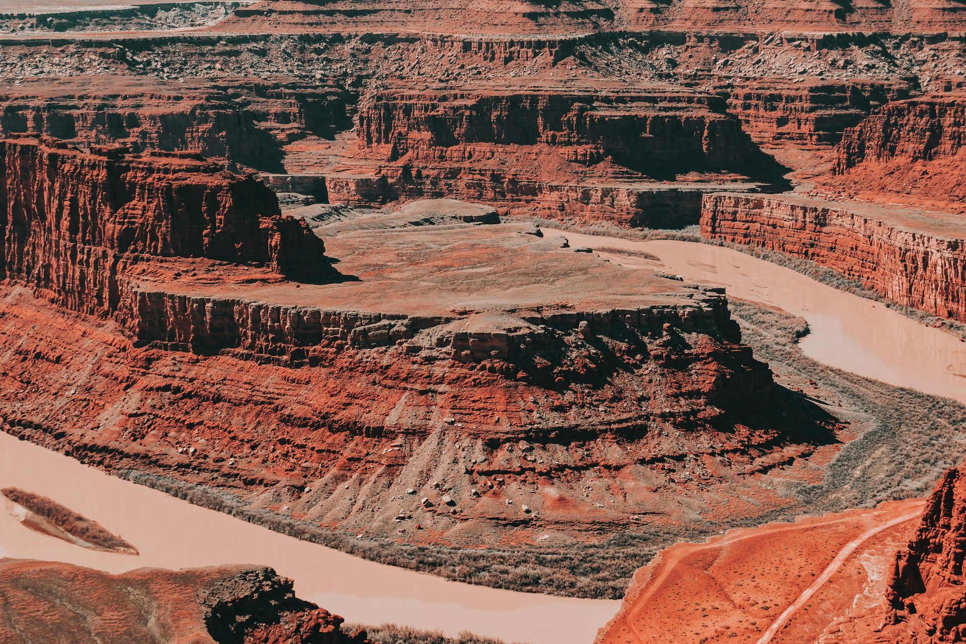 An aerial view of a river flowing through a canyon at Dead Horse Point State Park in Utah.