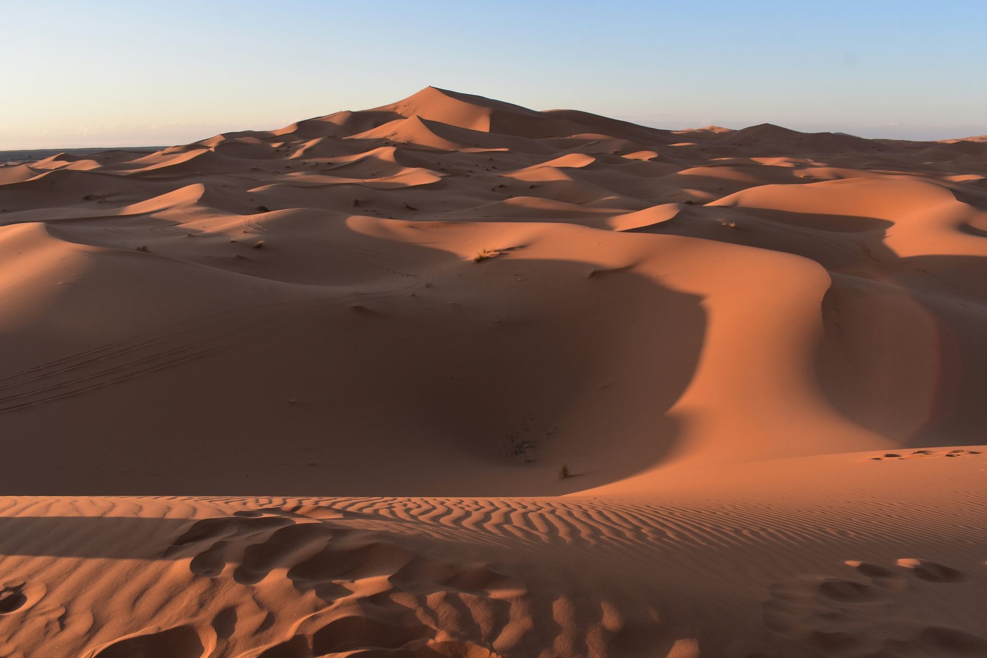 A desert landscape with sand dunes and a mountain in the background in Erg Chebbi, Morocco.