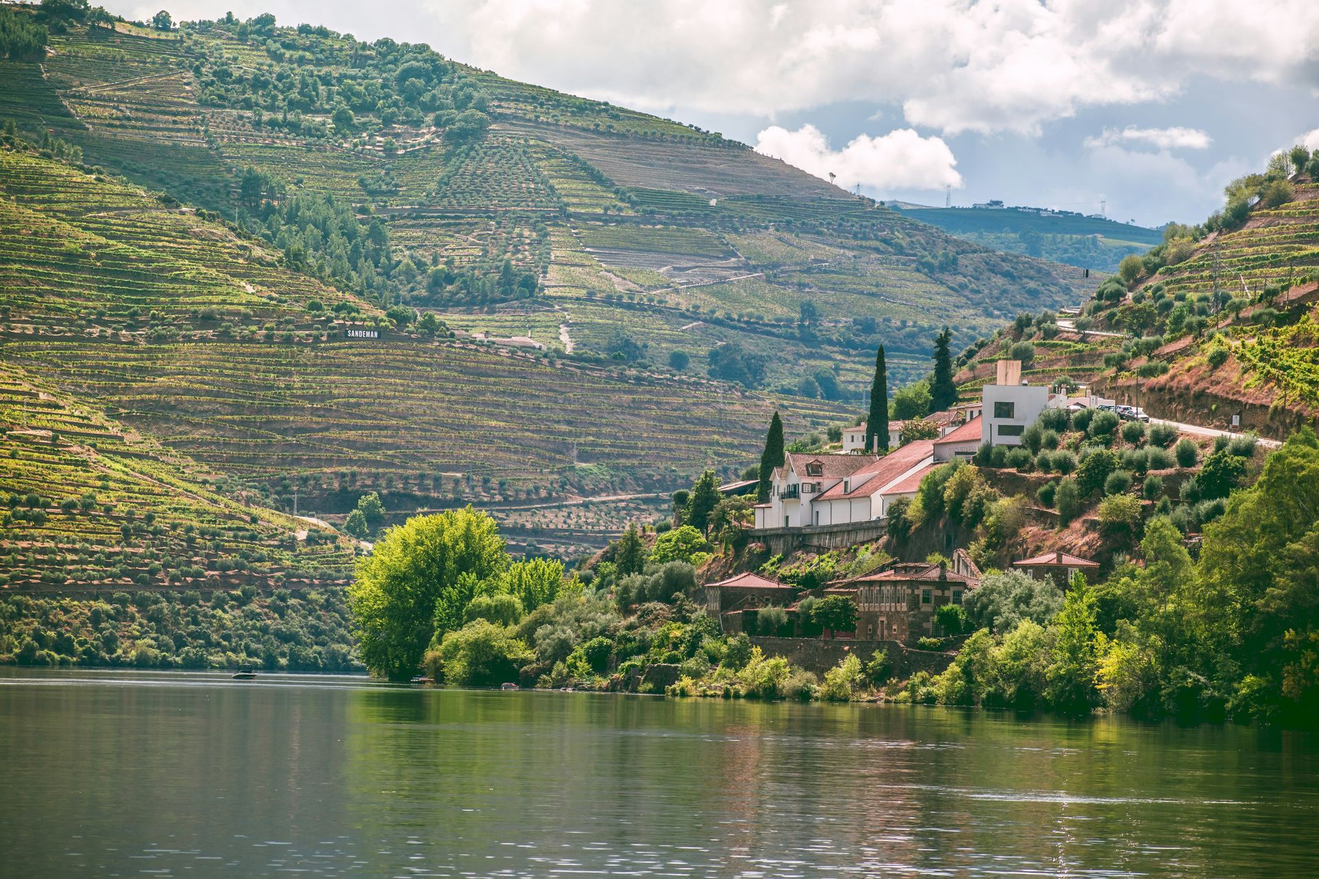 Douro River landscape with terraced vineyards on the hillside and a white building with red roof in Portugal.