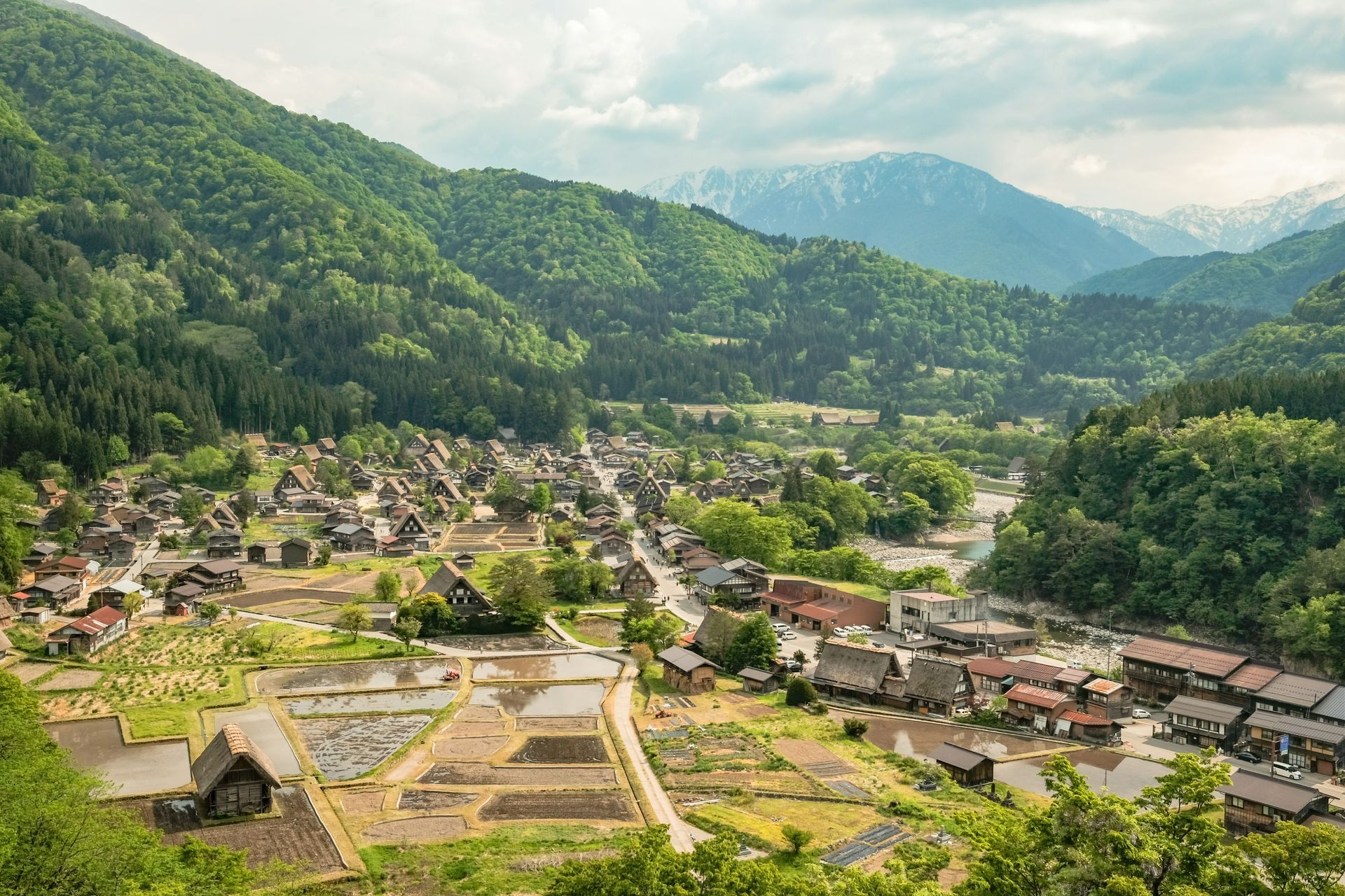 Village of Shirakawa nestled in a valley, surrounded by green hills in Japan.
