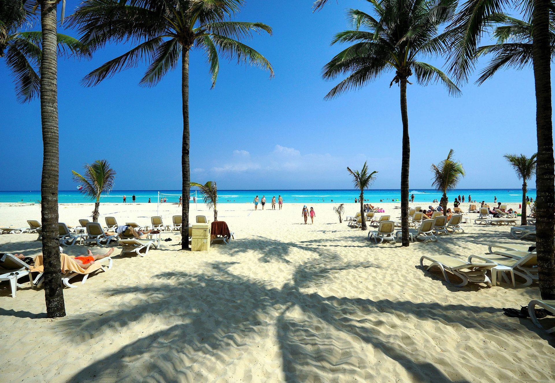 Palm trees casting shadows on a white sandy beach. People are relaxing and walking on the beach in Playa del Carmen, Mexico.