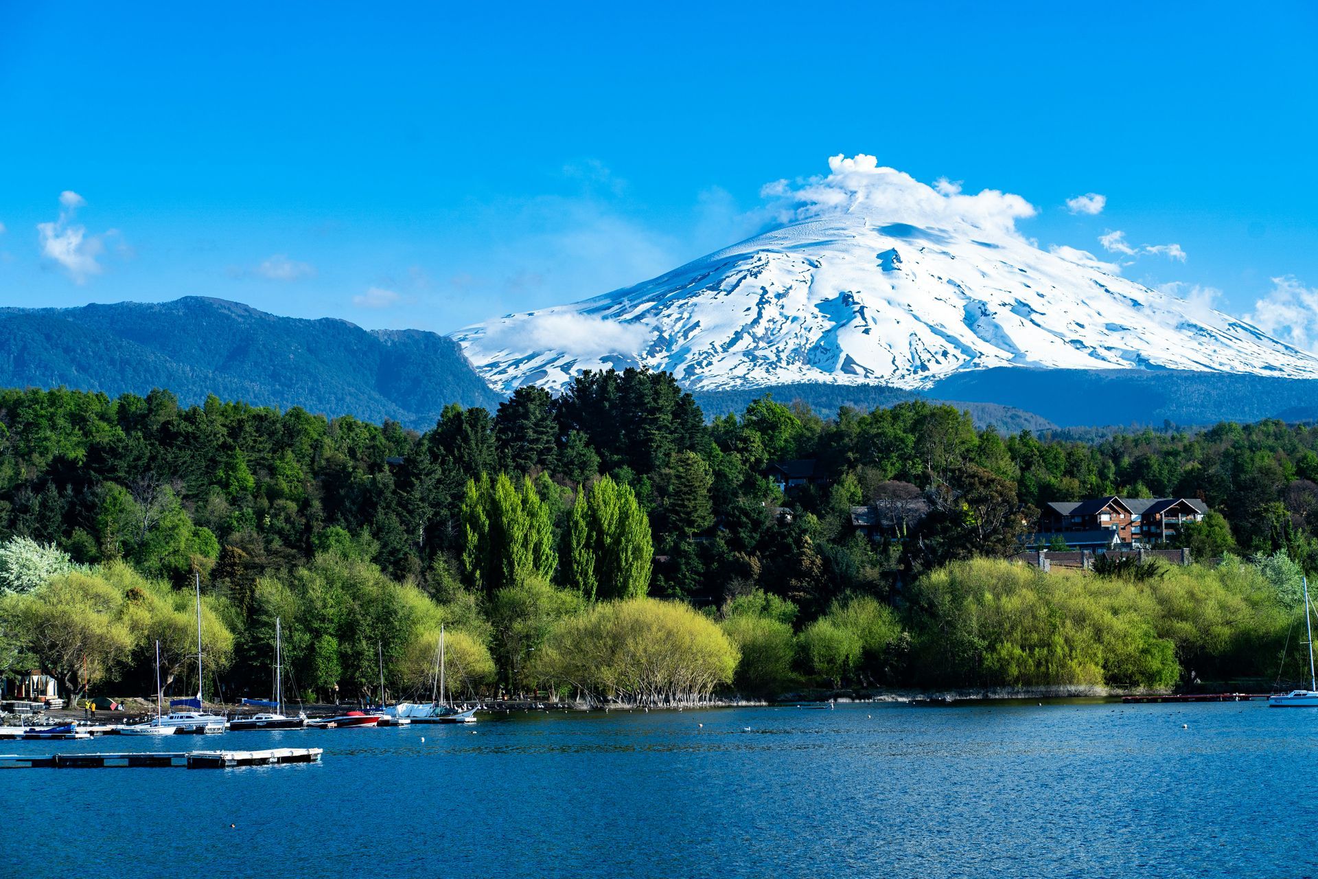 Snow-capped volcano towers over a calm blue lake and lush green trees under a bright blue sky in Los Lagos, Chile.