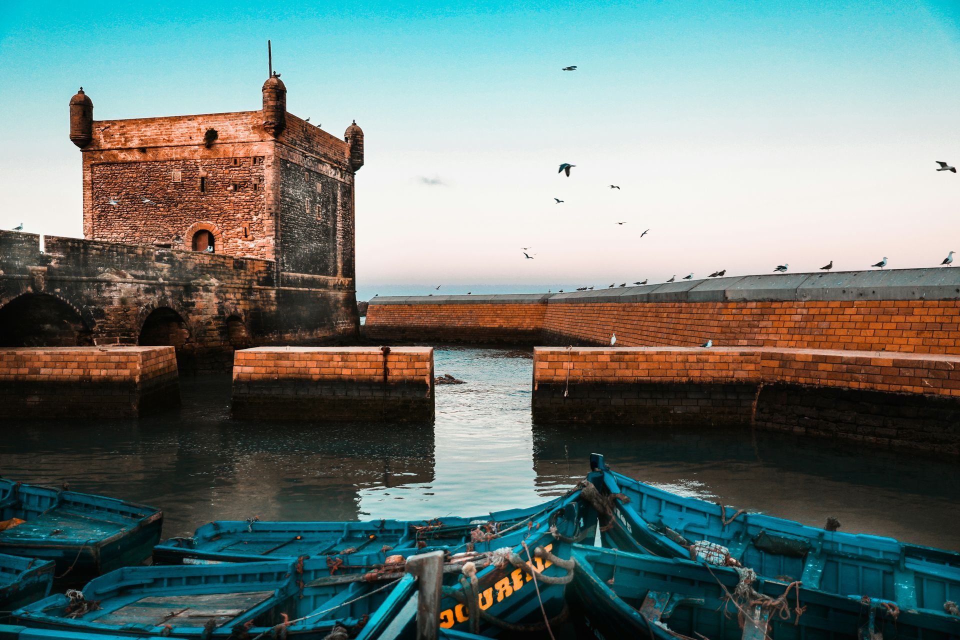 A group of blue boats are docked in front of a castle in the water in Essaouira, Morocco.