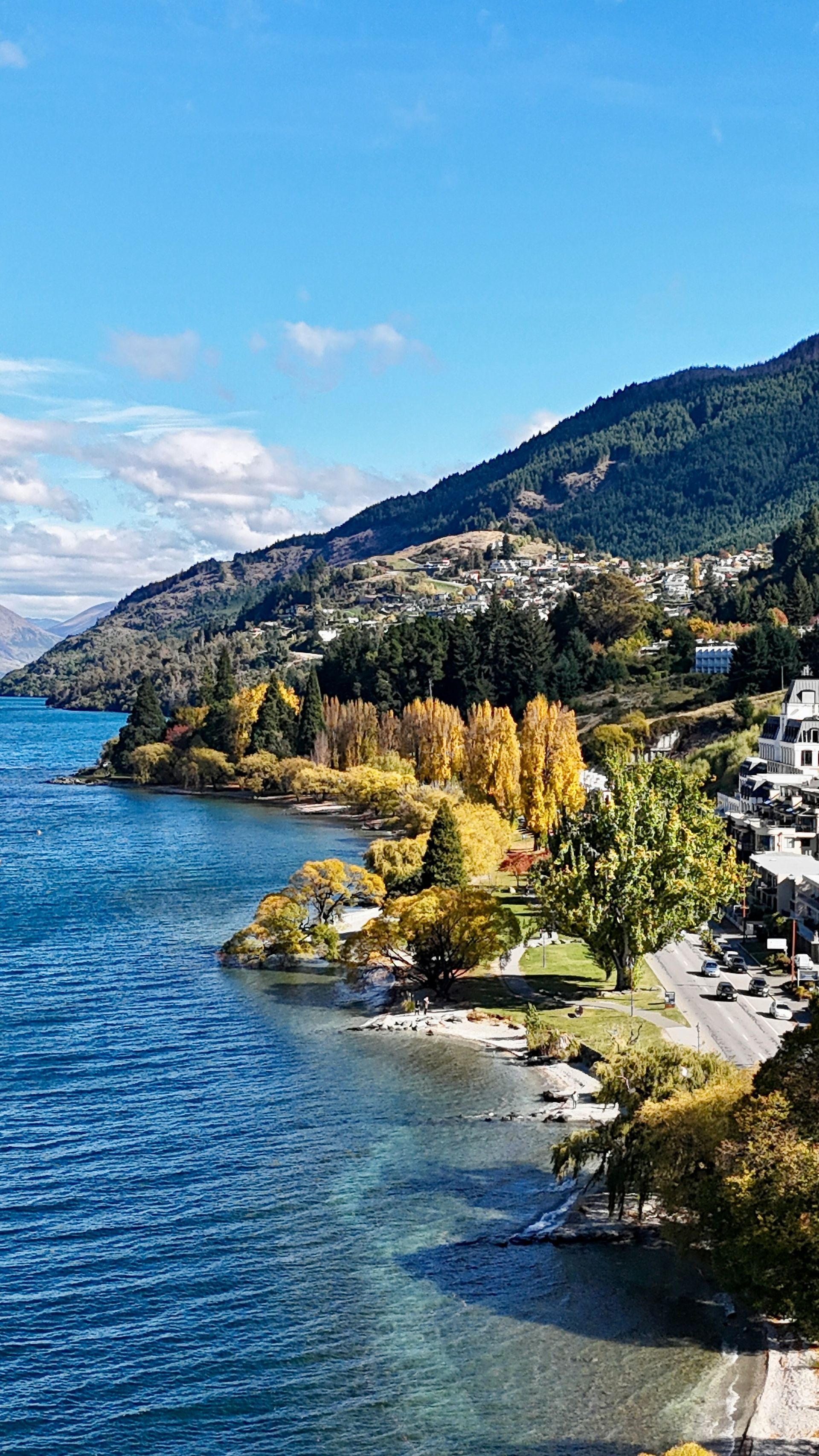 A lake with mountains in the background and trees on the shore in Queenstown, New Zealand.