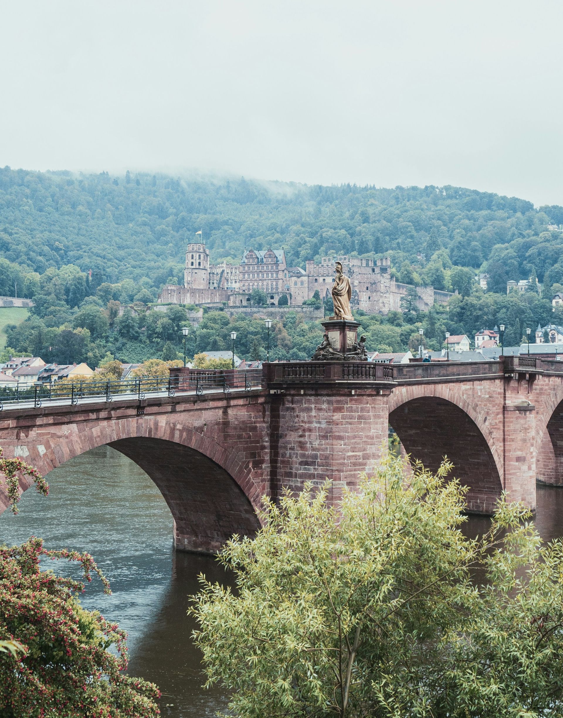 Bridge over river, Heidelberg castle in background, trees, cloudy day.