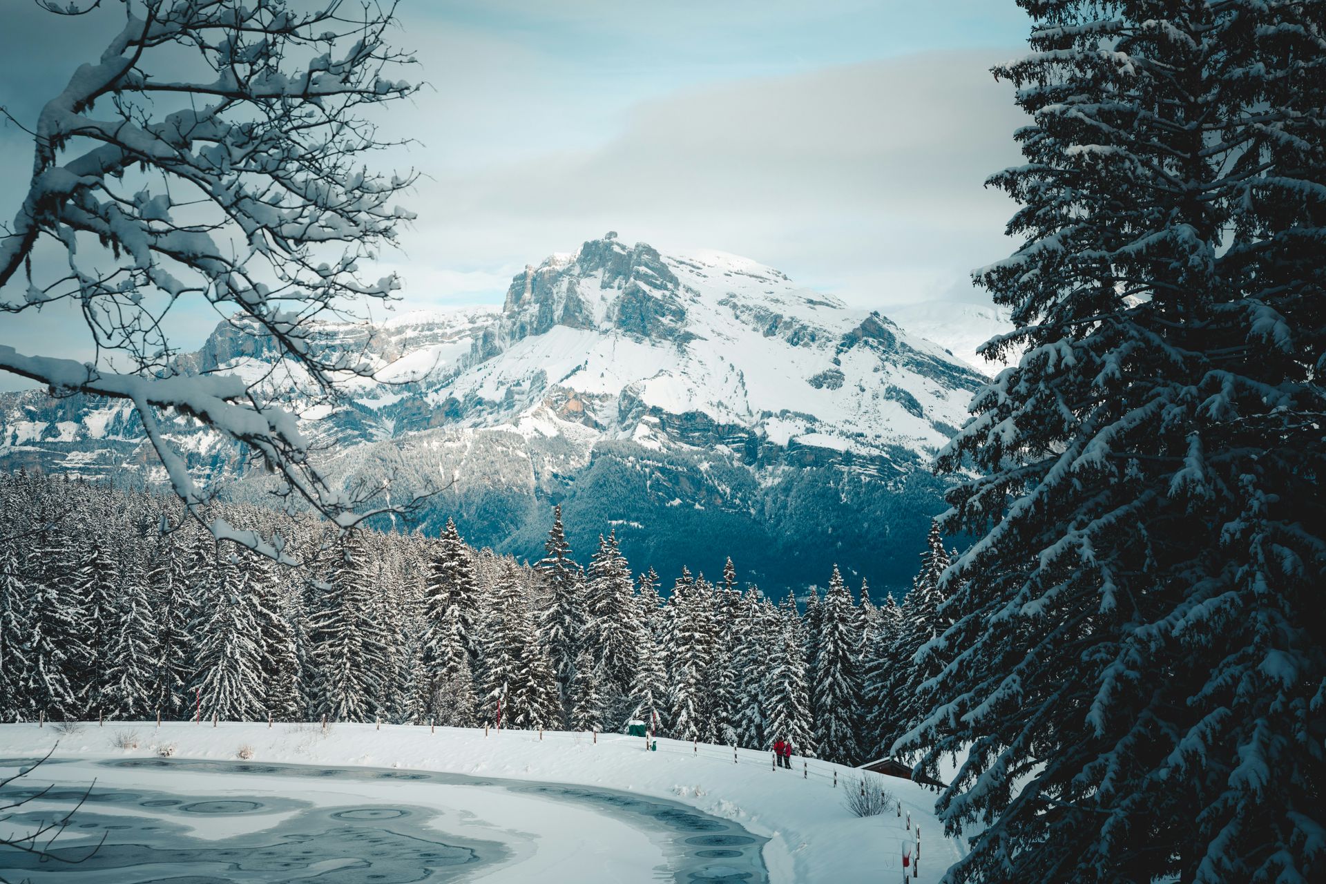 A snowy landscape with trees and mountains in the background in Megève, France.