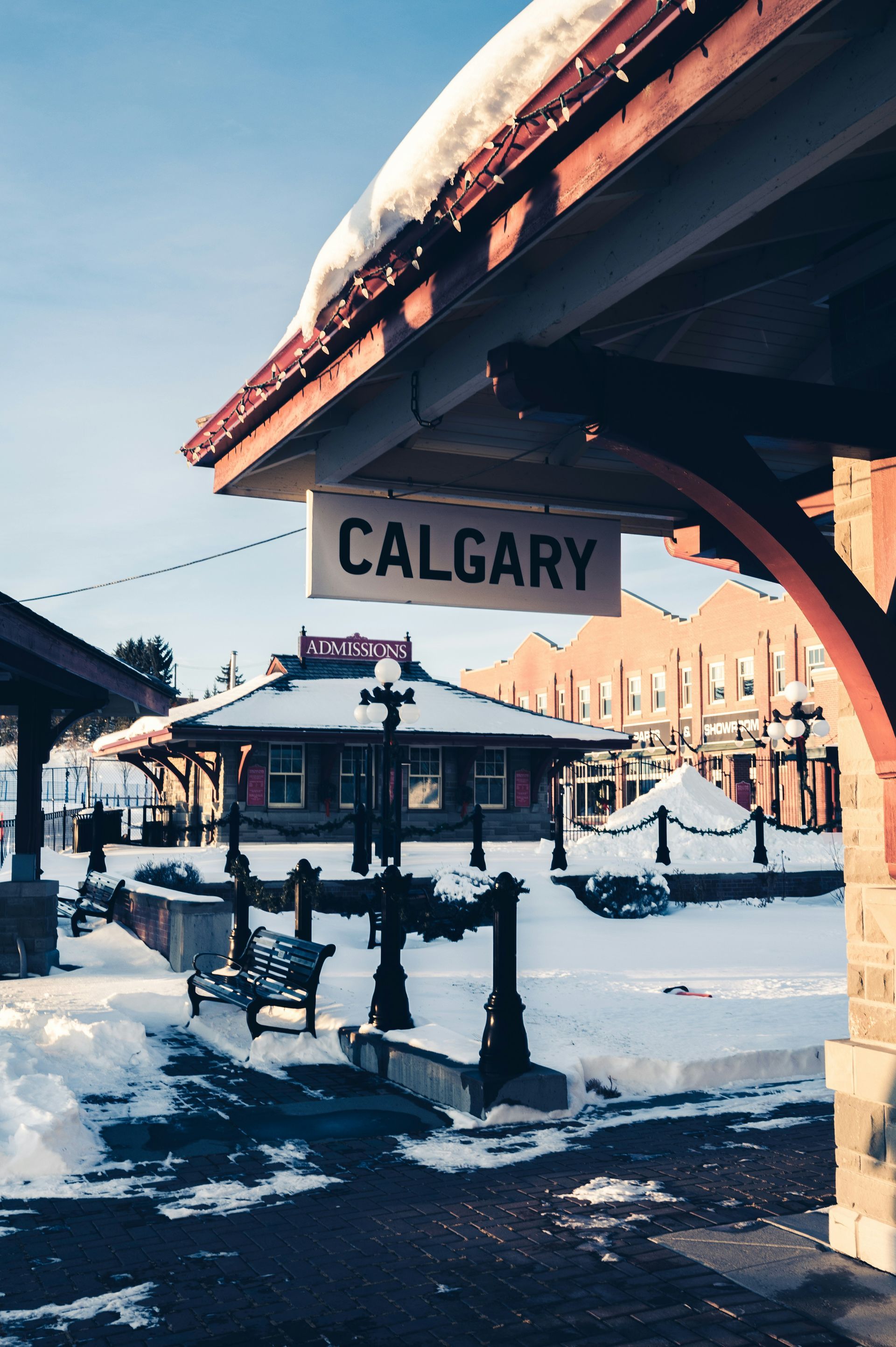 Snowy Calgary train station exterior with 