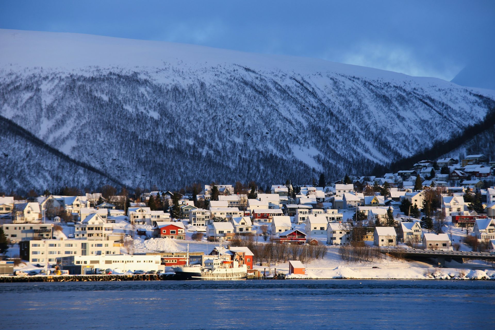 Snowy town with houses by the water and a snow-covered mountain in the background in Tromsø, Norway.