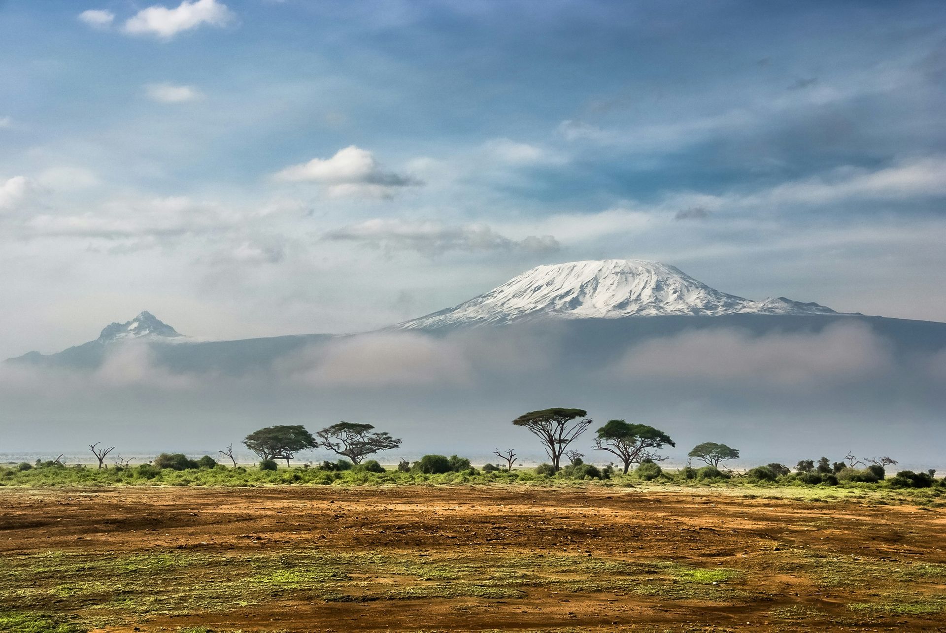 Snow-capped Mount Kilimanjaro rises above clouds, with trees and plains in Amboseli National Park, Kenya.