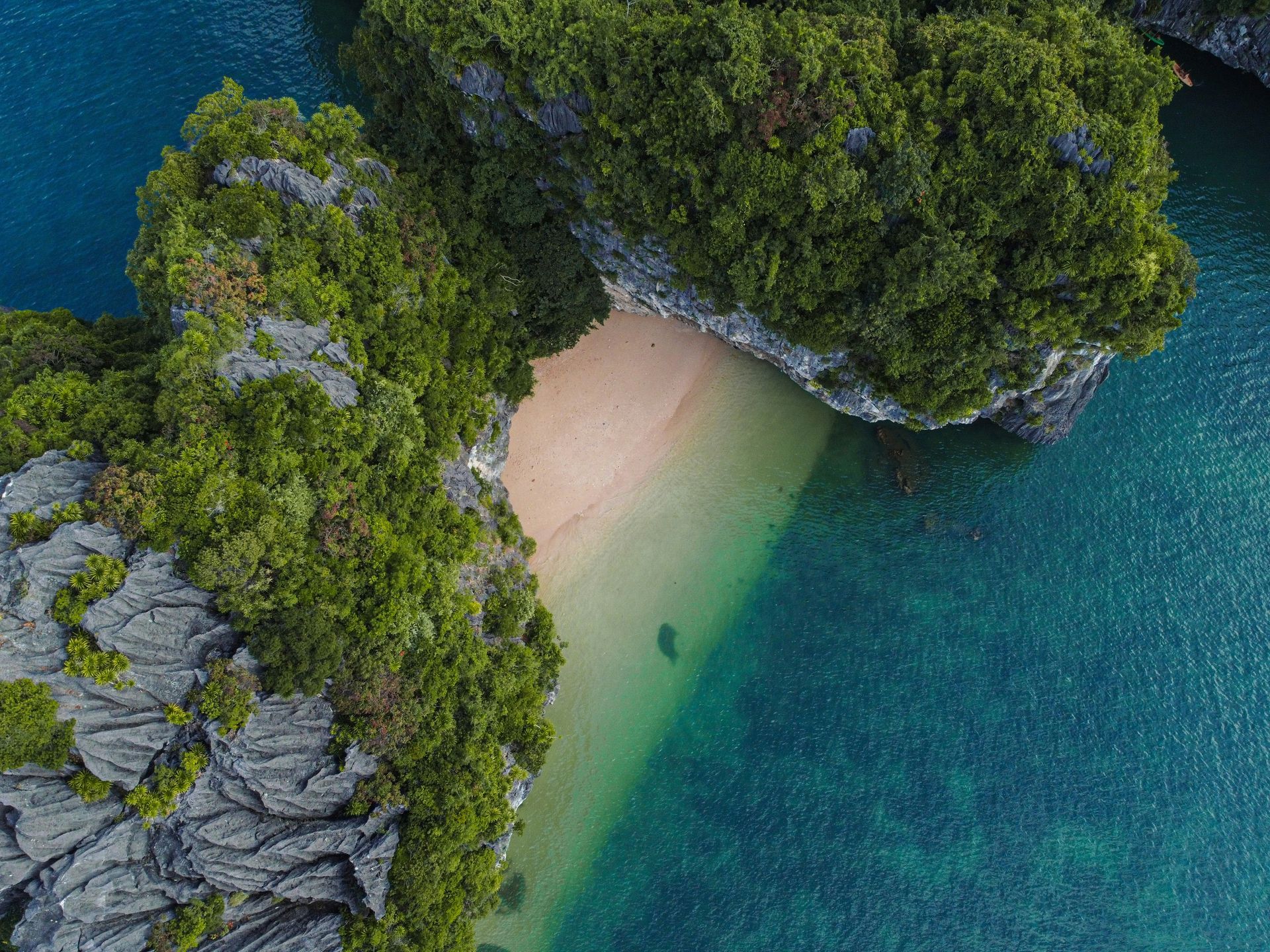 Aerial view of a hidden sandy beach between two lush in Halong Bay, Vietnam.