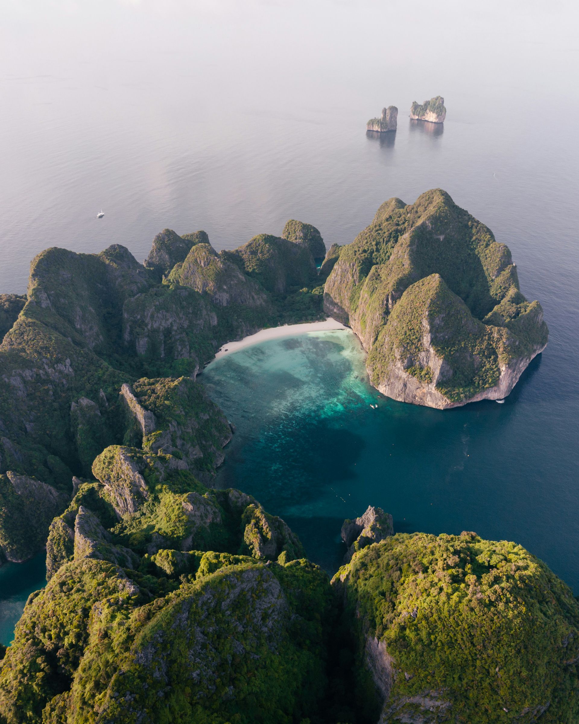 An aerial view of the Phi Phi Islands in the middle of the ocean in Krabi, Thailand.