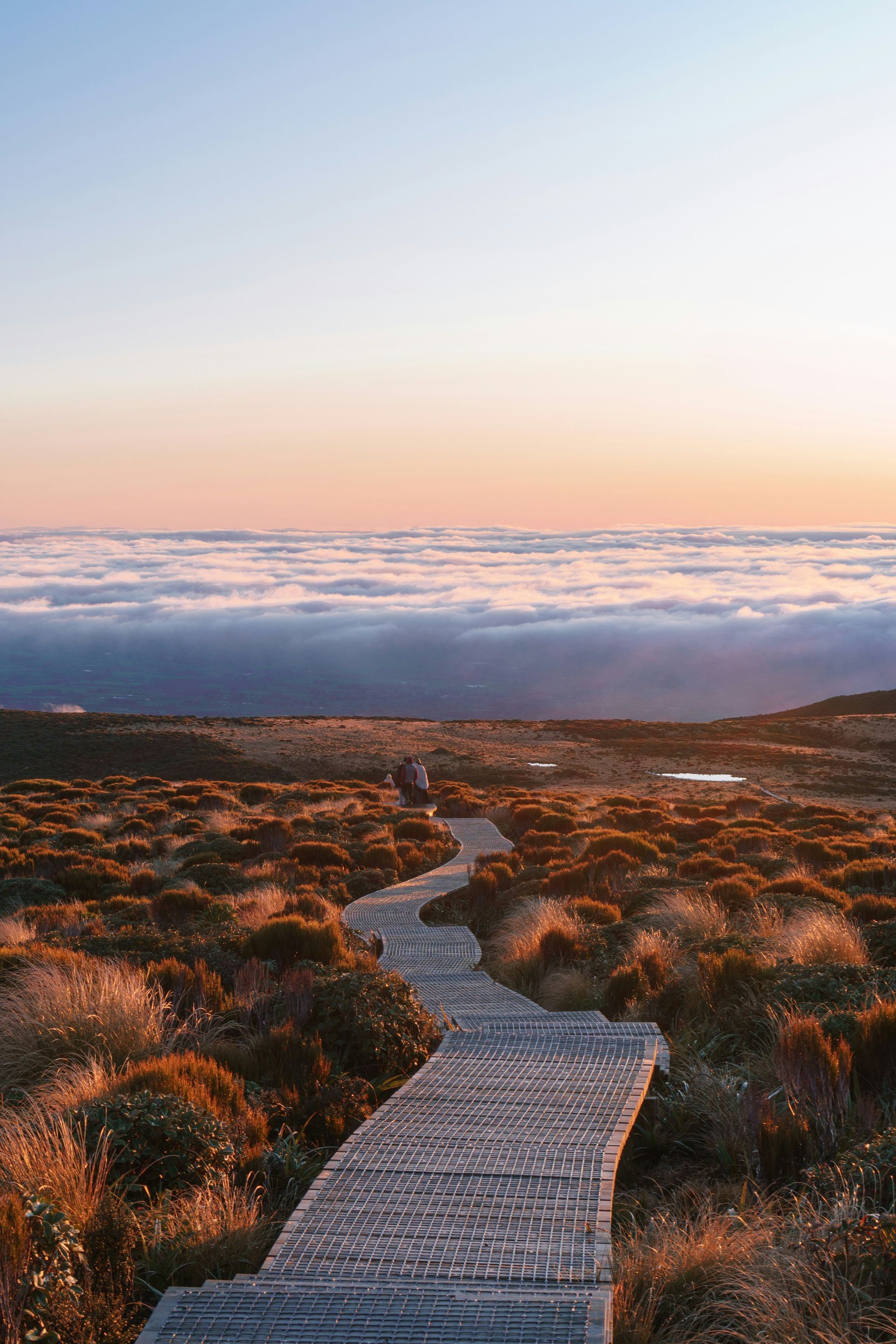 A wooden path leading to the clouds on top of a hill at Mount Taranaki, New Zealand.