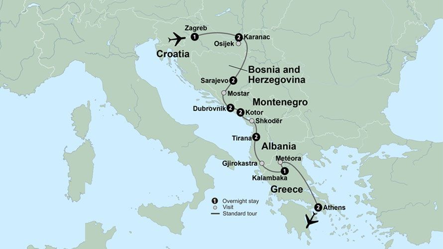 A map showing the route of a Collette tour through the Balkans. 