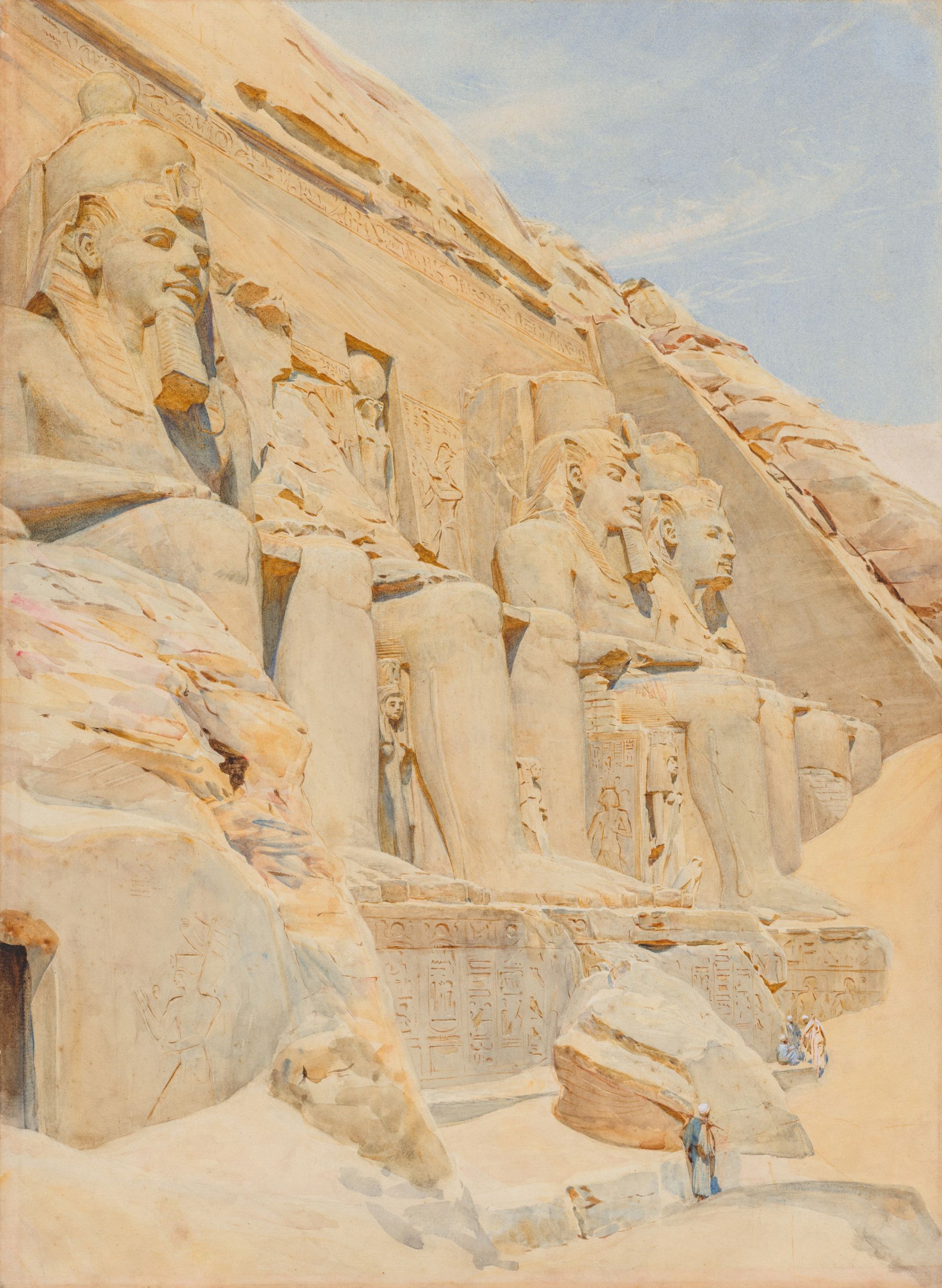 A watercolor painting of a cliff with statues on it in Abu Simbel, Egypt.