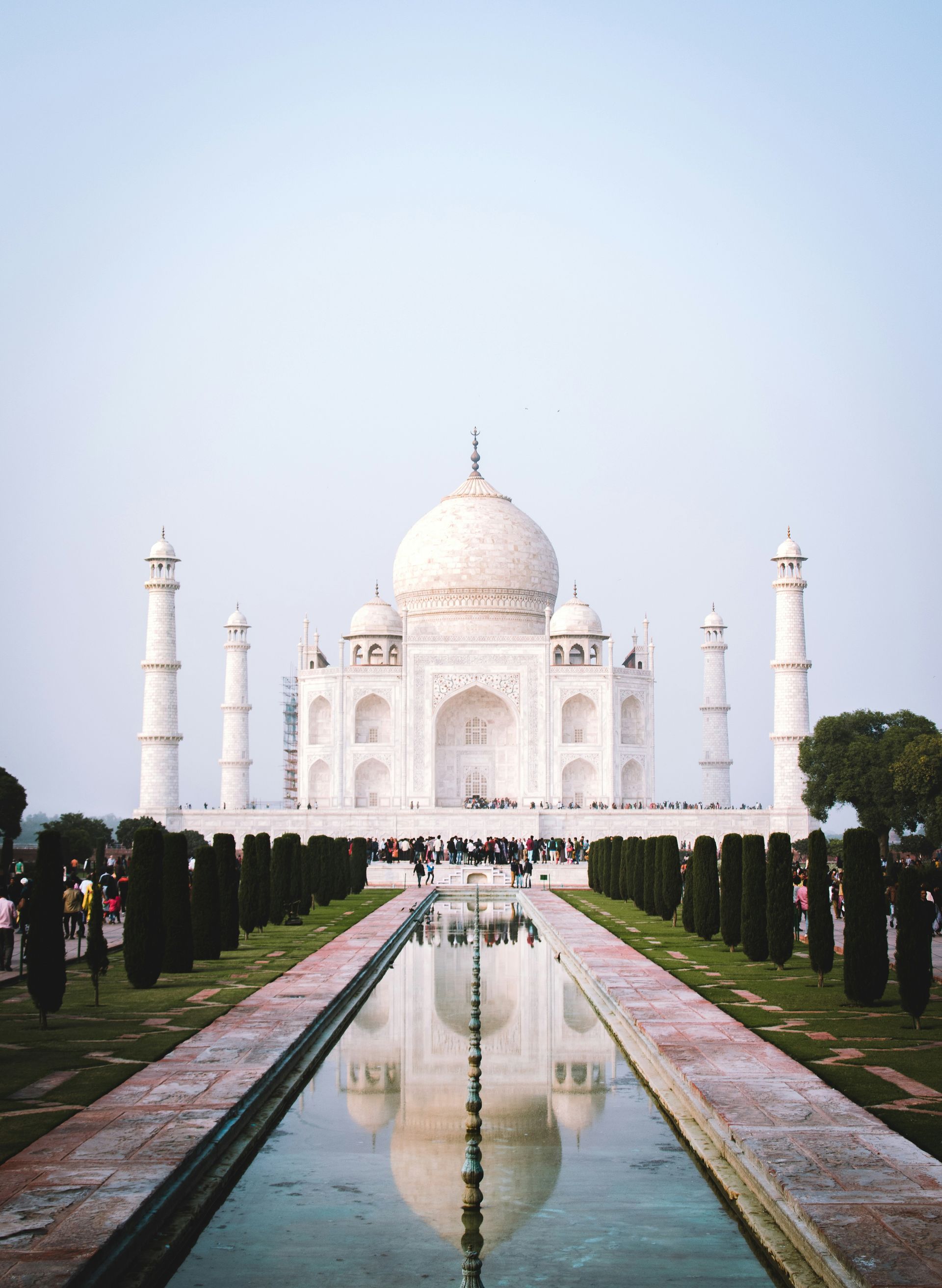 Taj Mahal with a pool in front of it in India.