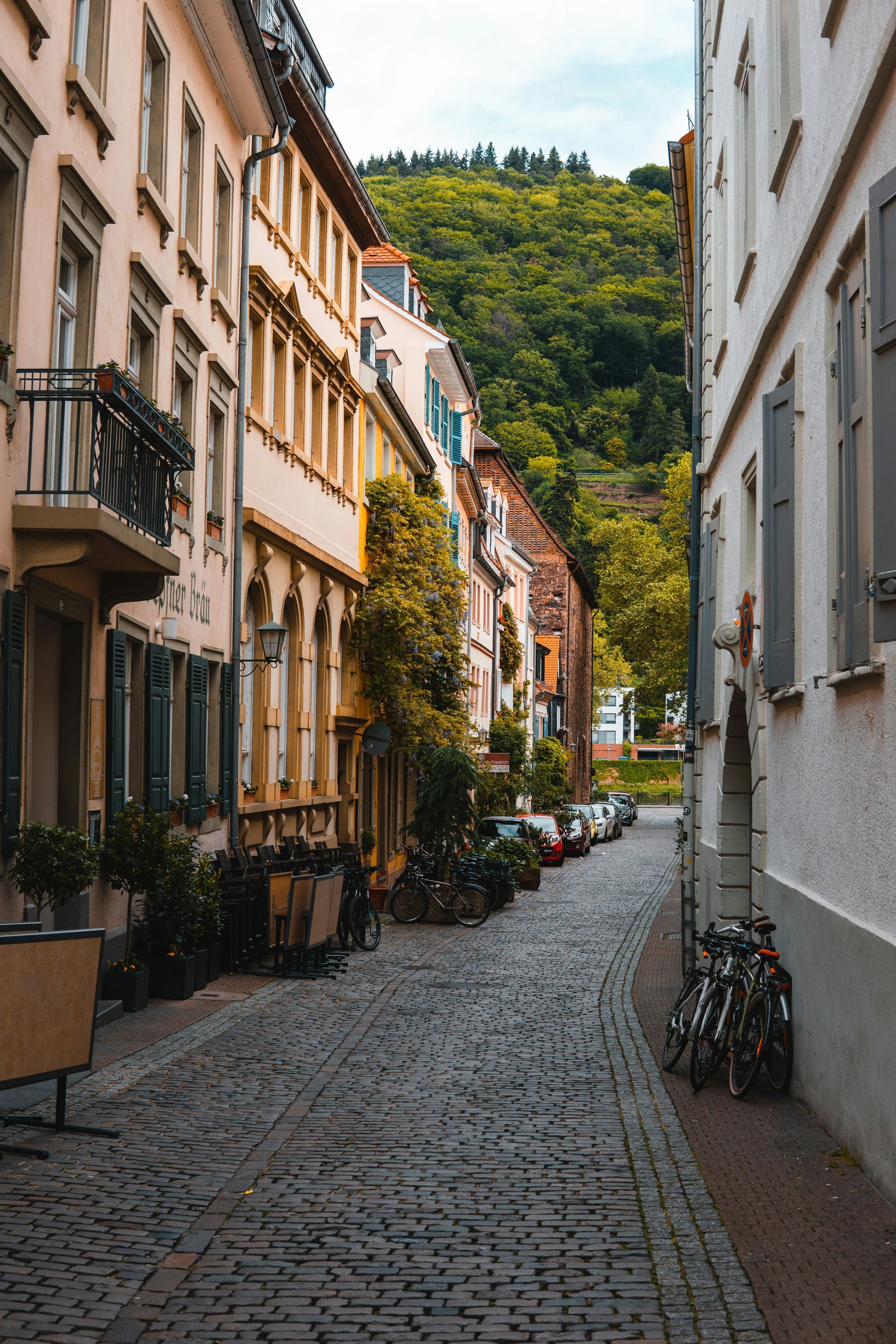 Cobblestone street lined with buildings; green hillside in the background in Heidelberg, Germany.