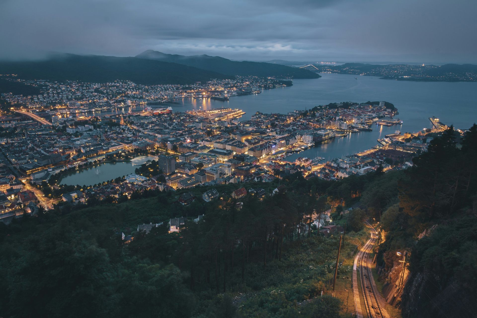 City lights at dusk; cityscape beside a body of water. Dark trees in foreground, lights in buildings in Bergen, Norway.