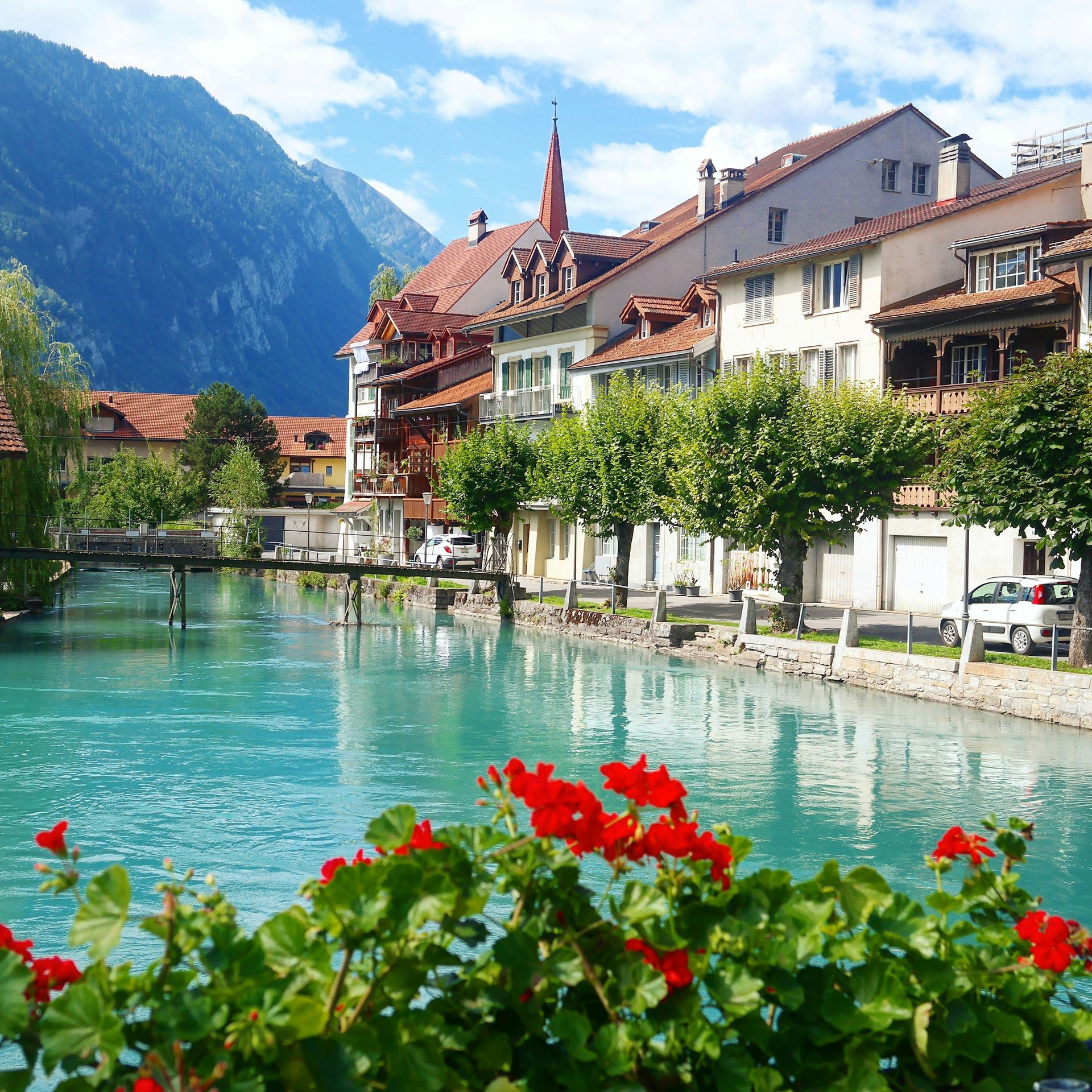 Bright blue river flows through the town of Interlaken, Switzerland, red flowers in foreground, mountains in background.