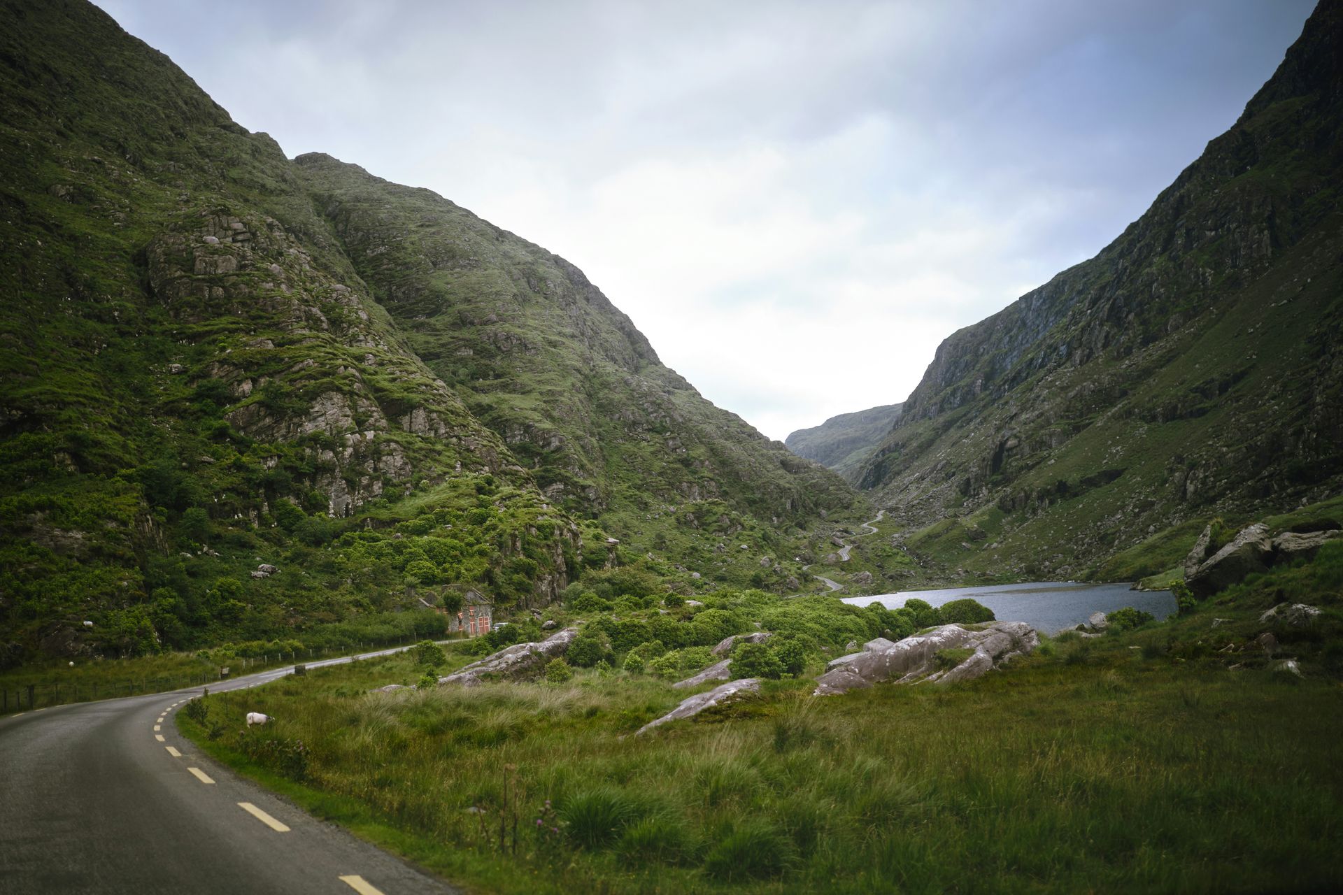 Road through a mountain pass, leading to a lake. Green slopes on the Ring of Kerry, Ireland.