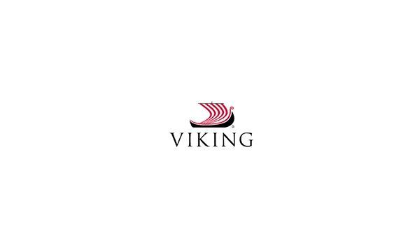 A logo for Viking Cruises with a red boat on a white background.