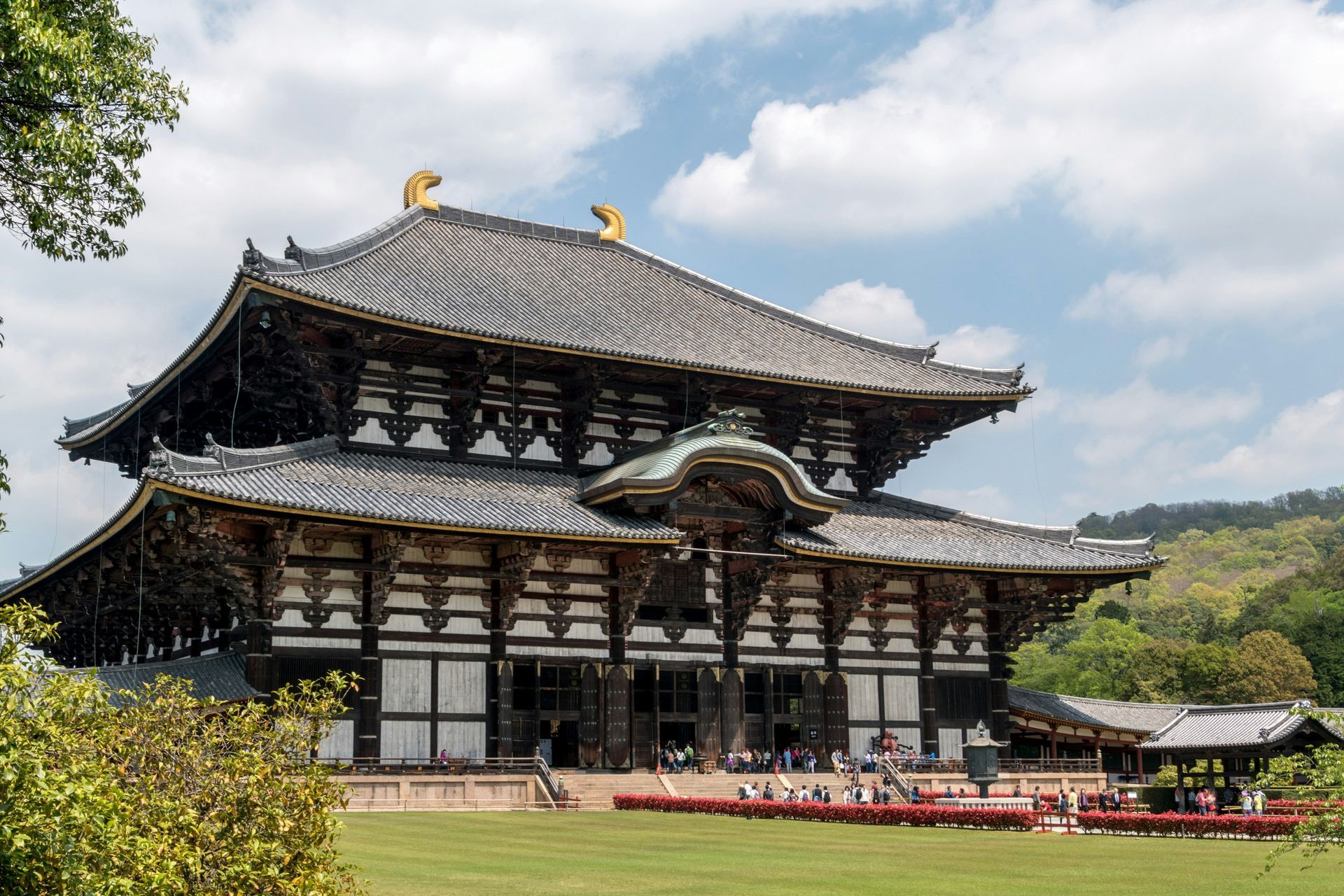 Large, traditional Japanese temple with tiered roofs, set on a green lawn in Nara, Japan.