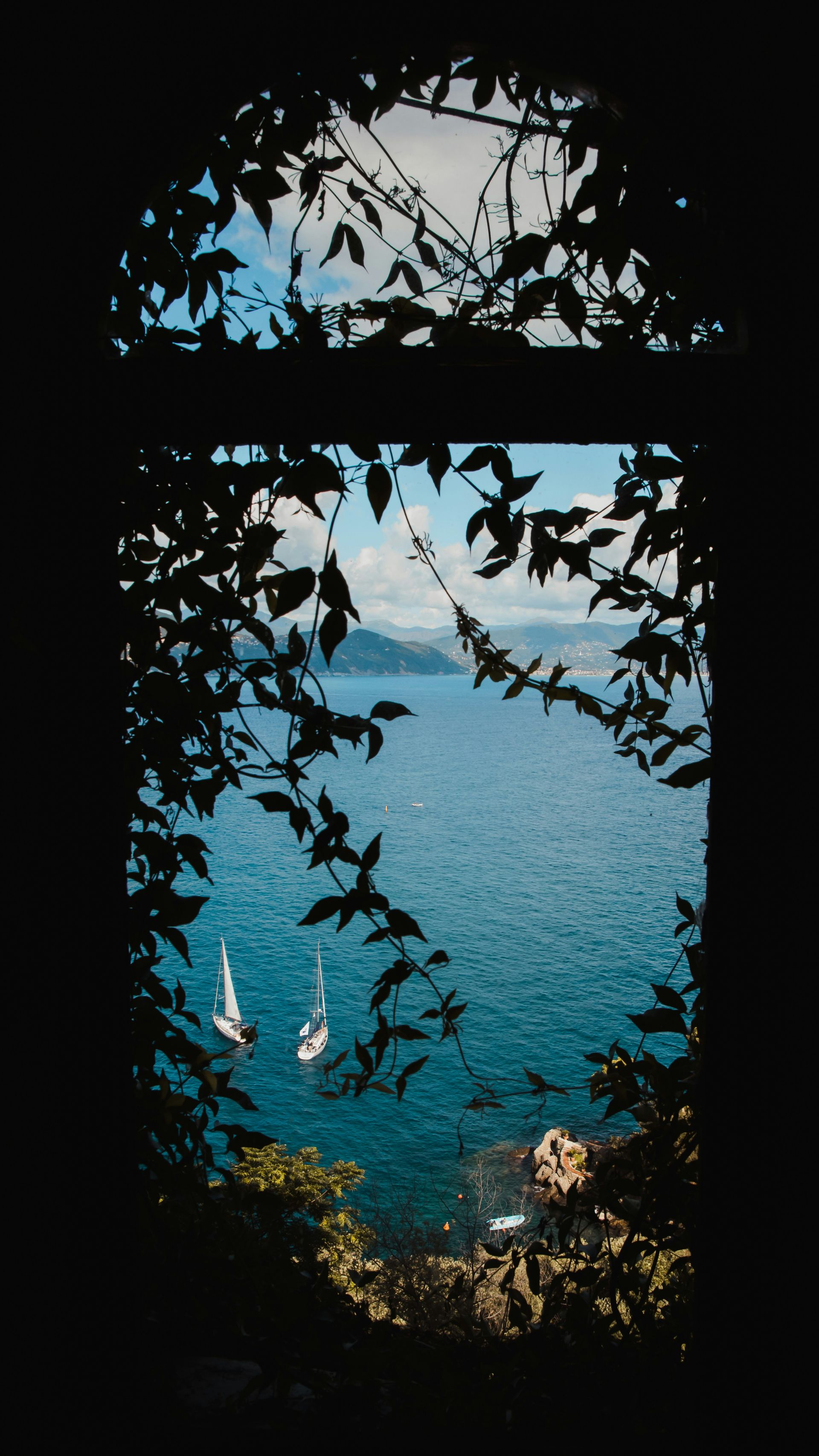 A view of the ocean through a window surrounded by trees in Portofino, Italy.