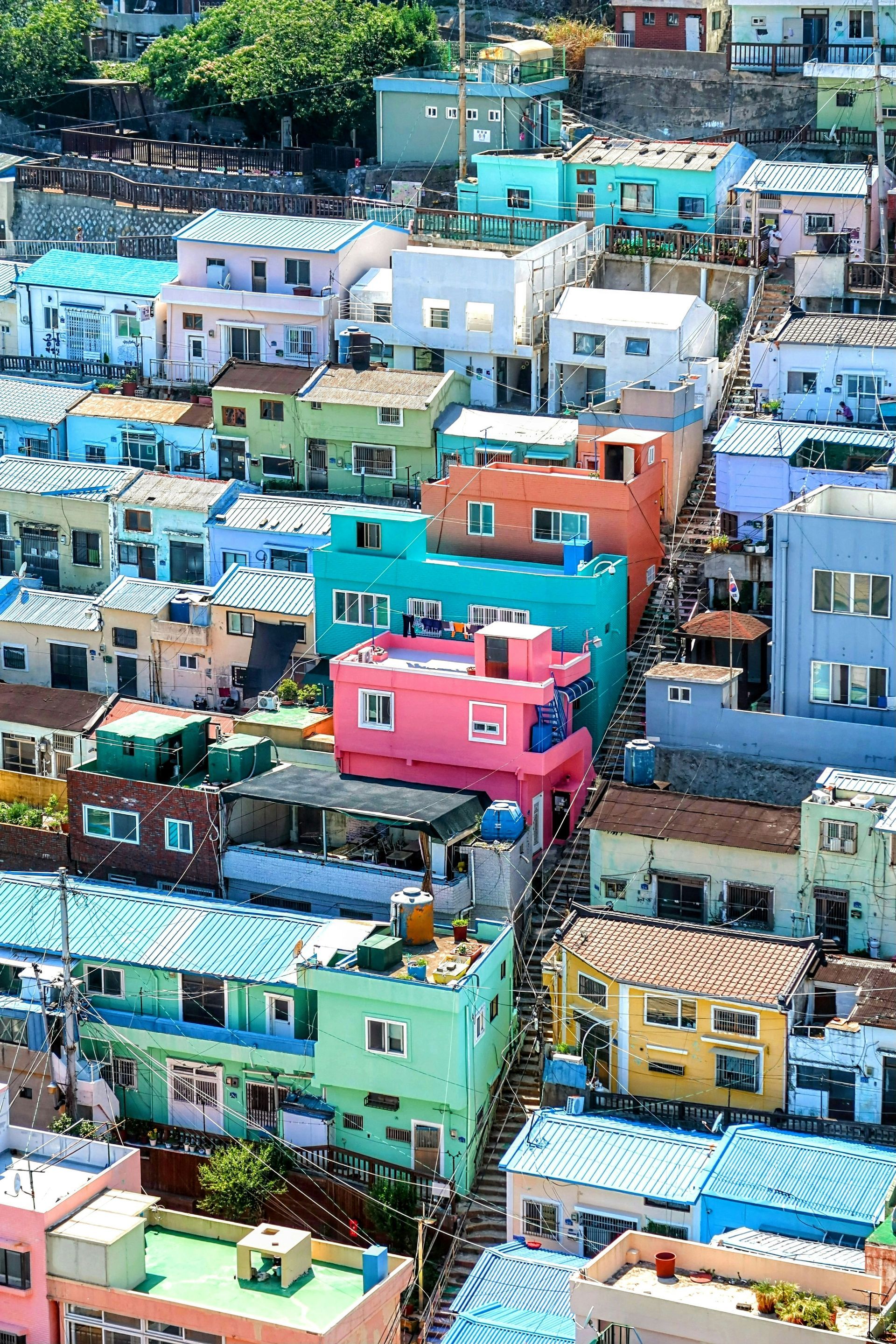 Colorful hillside houses tightly packed together in Busan, South Korea.