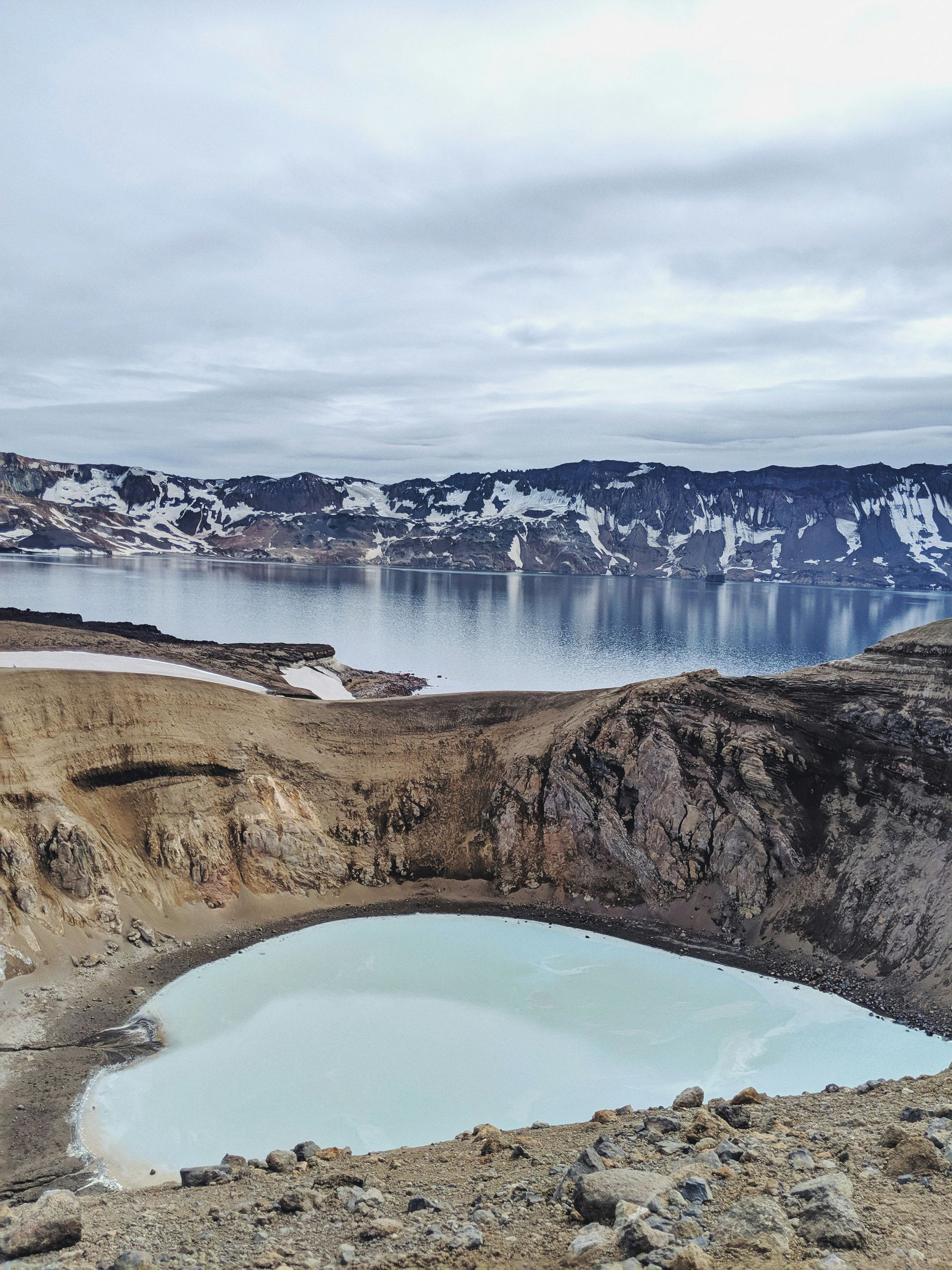 Crater lake of Askja with milky blue water in the foreground, large lake with snowy cliffs in the background in Iceland.