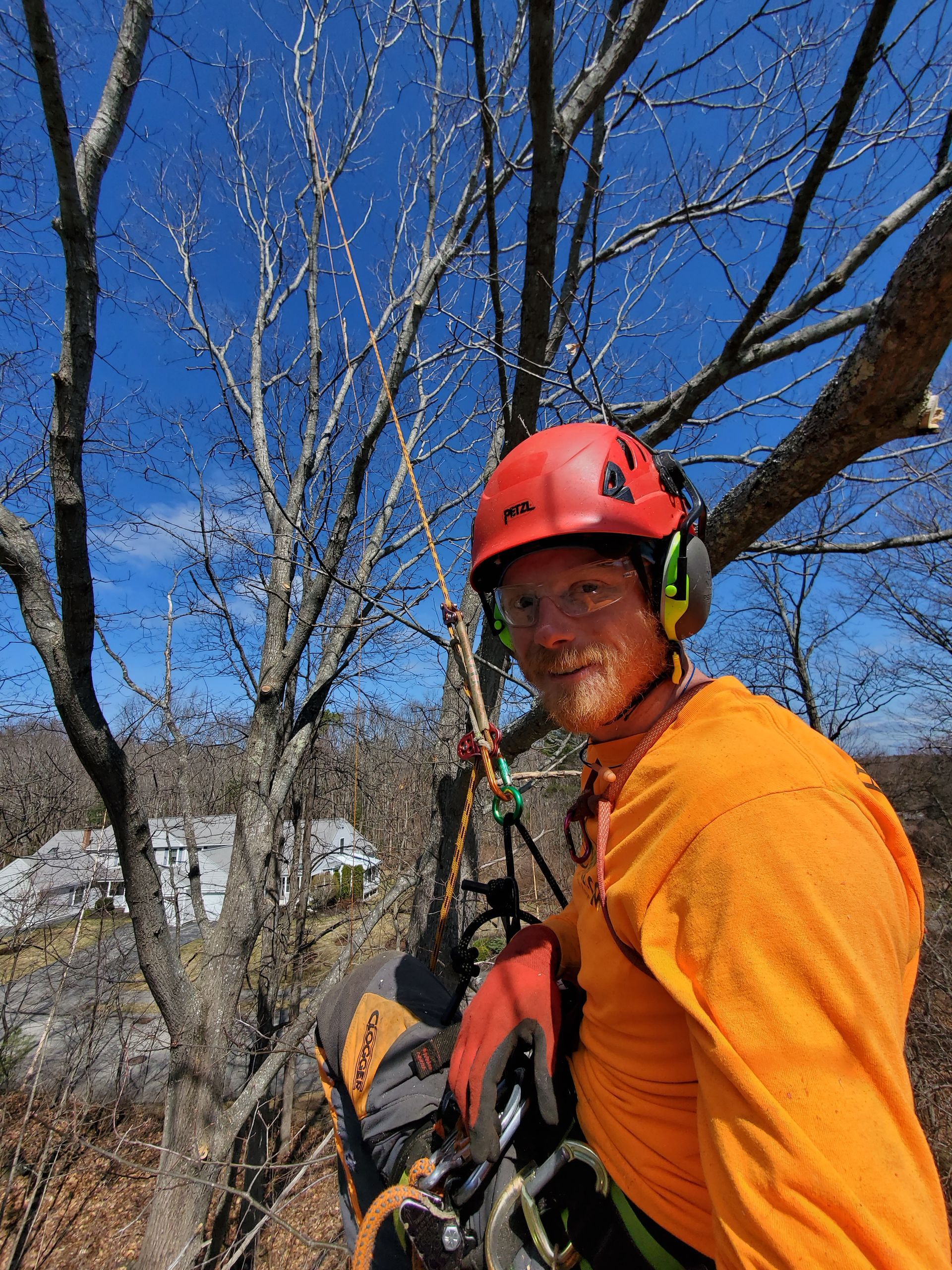 A man wearing a helmet and headphones is standing next to a tree.