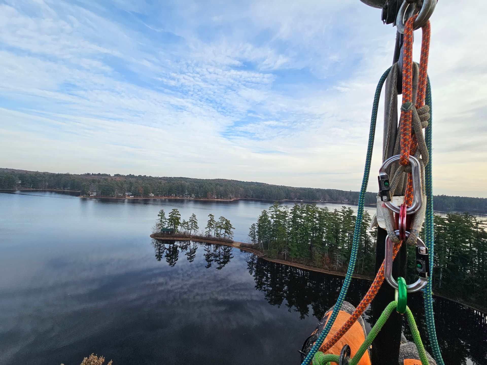 A rope is hanging over a lake with trees in the background.