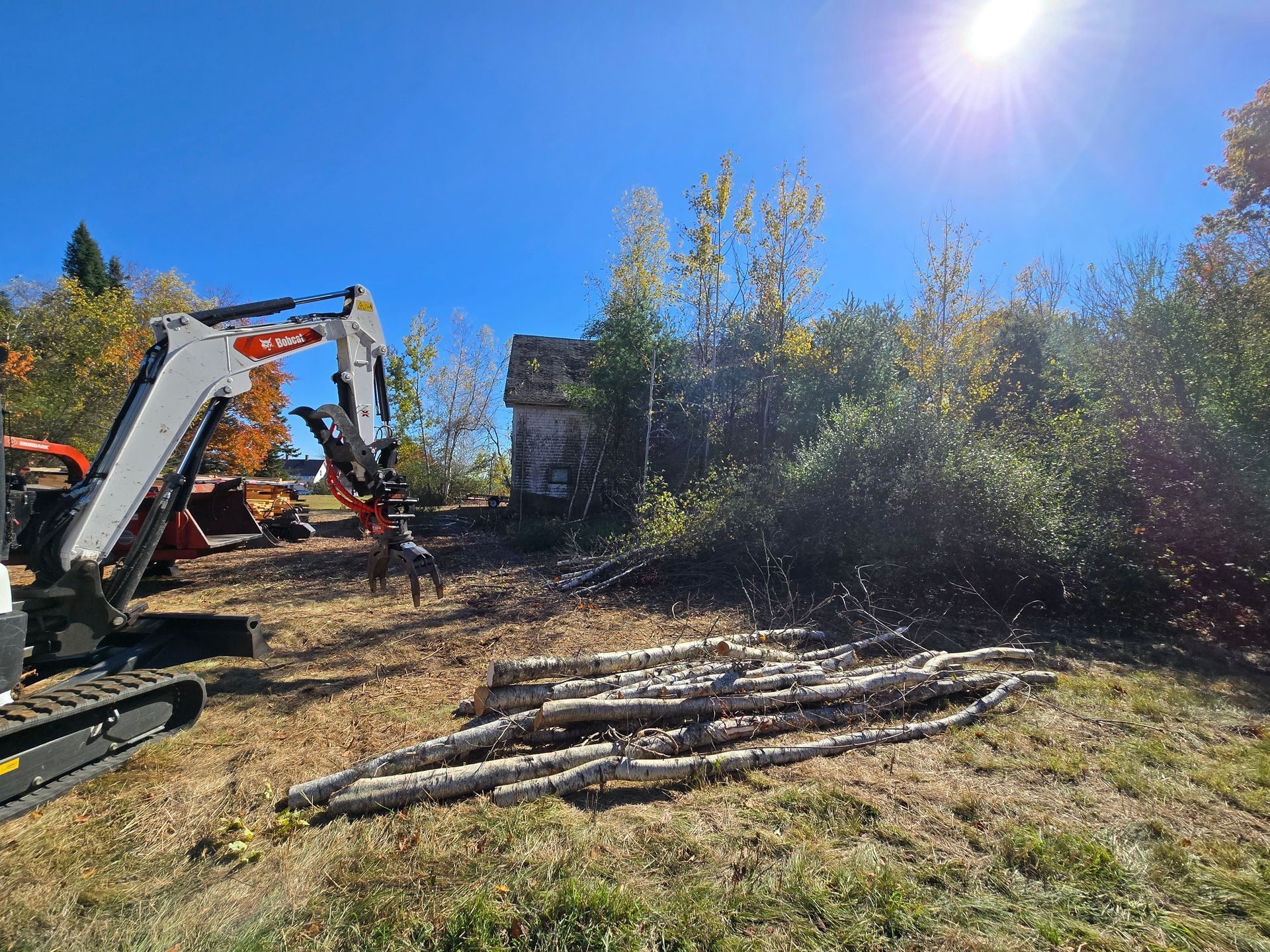 A pile of logs is sitting in a field next to a bulldozer.