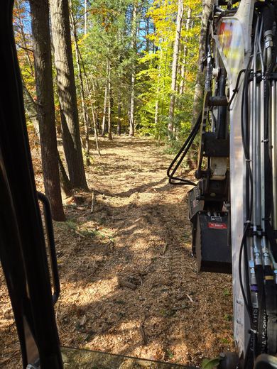 A forklift is driving down a path in the woods.