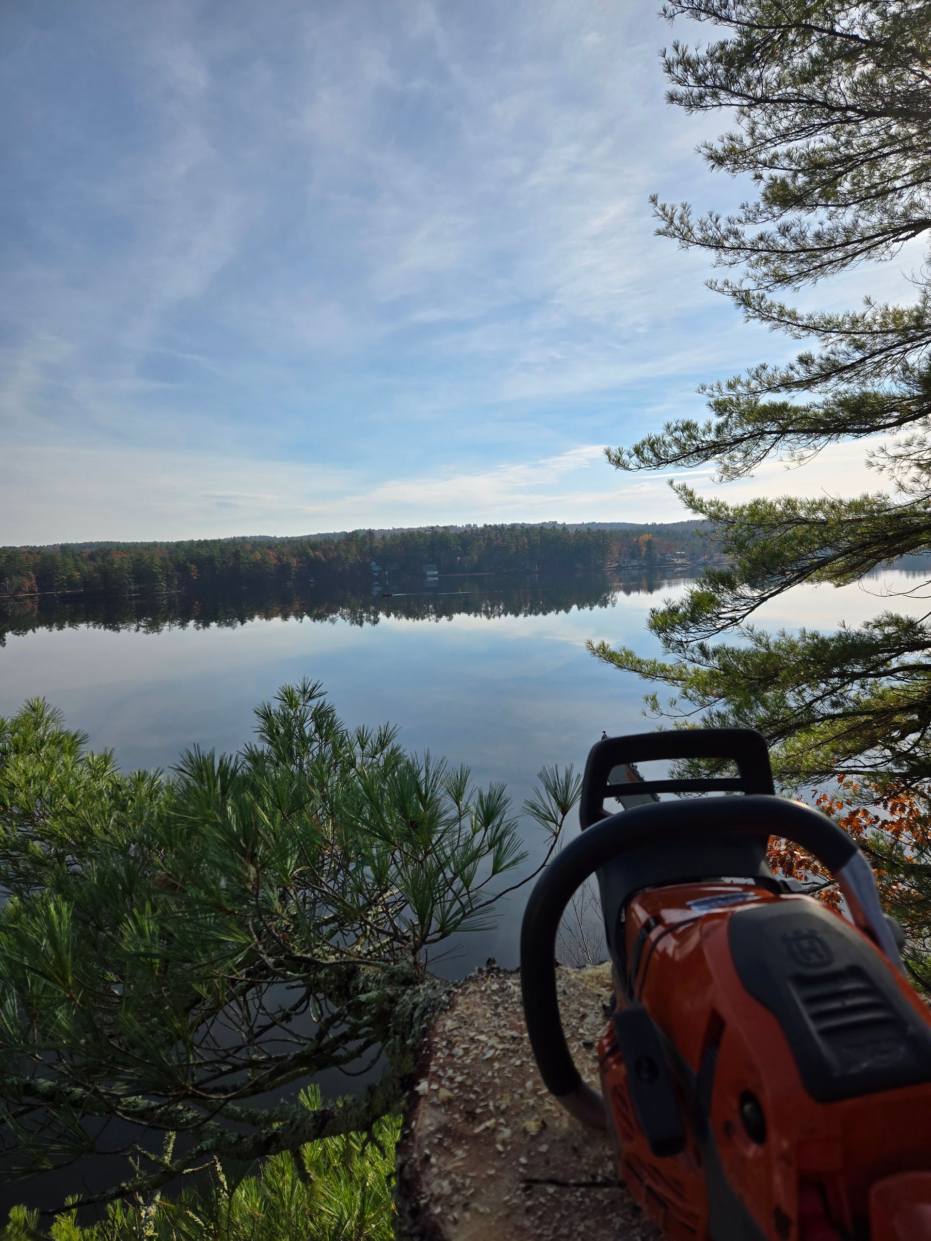 A chainsaw is sitting on the shore of a lake