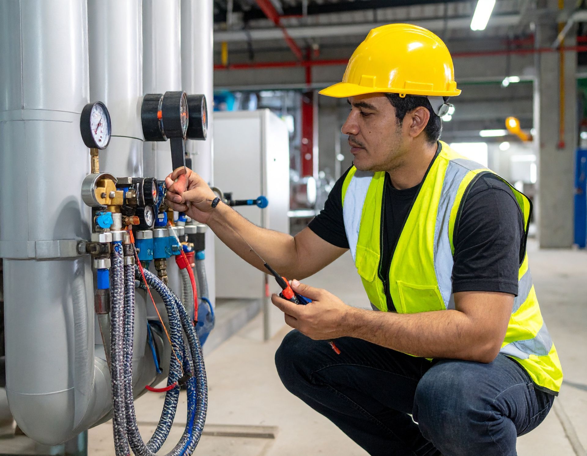 Technician in yellow hard hat inspects industrial piping and gauges in a factory.