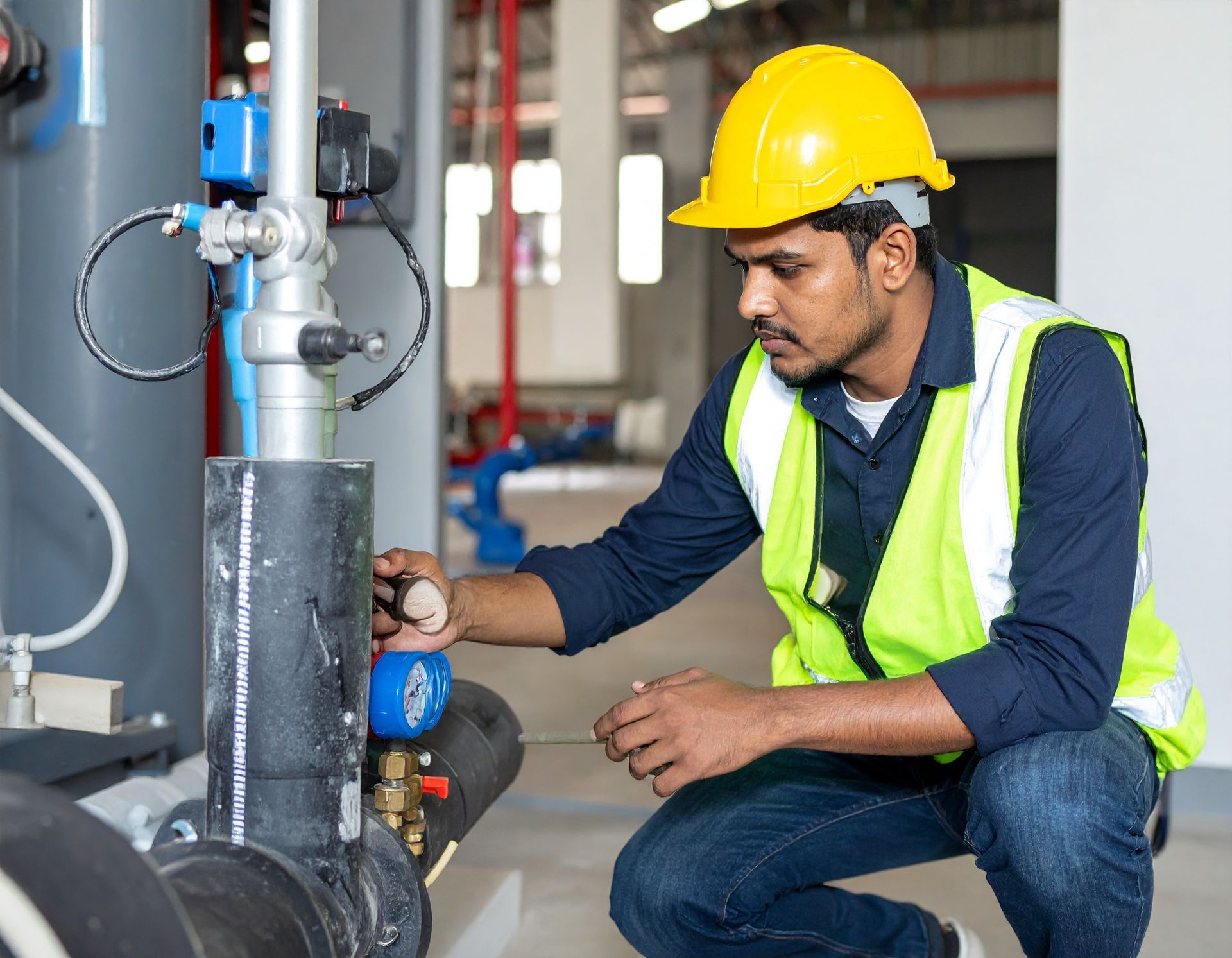 Worker in yellow hard hat and safety vest inspecting industrial machinery in a factory.