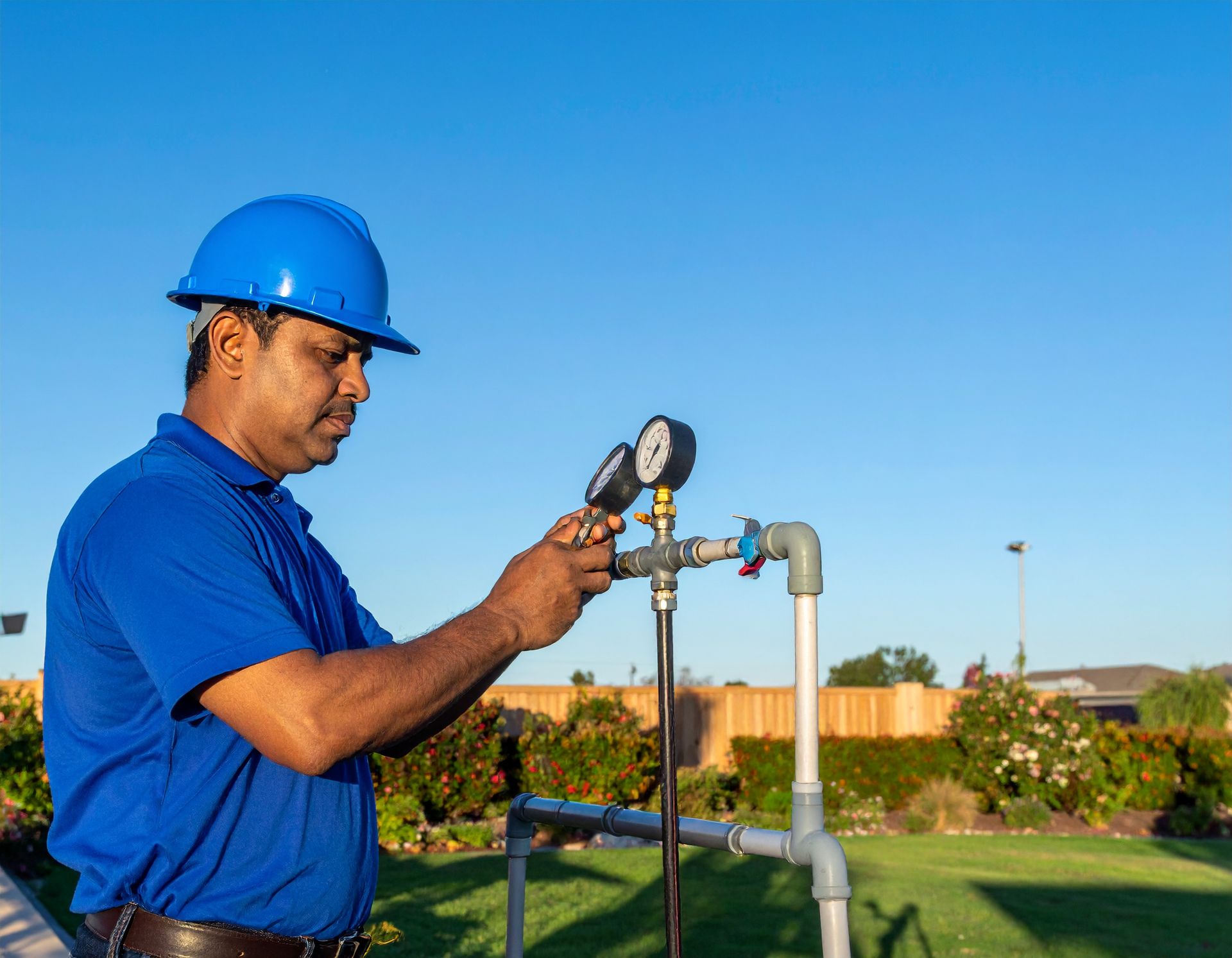 Worker in blue hard hat adjusting a valve on an outdoor pipe system under a clear sky