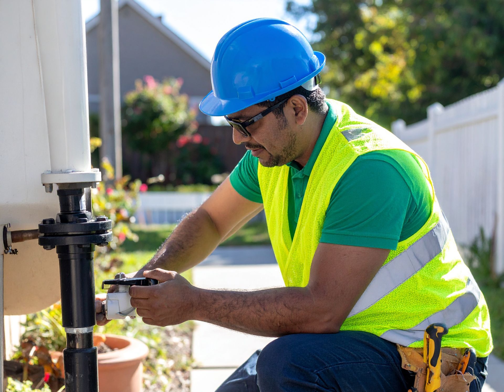 Worker in blue hard hat and neon vest using a tool on an outdoor pipe assembly.