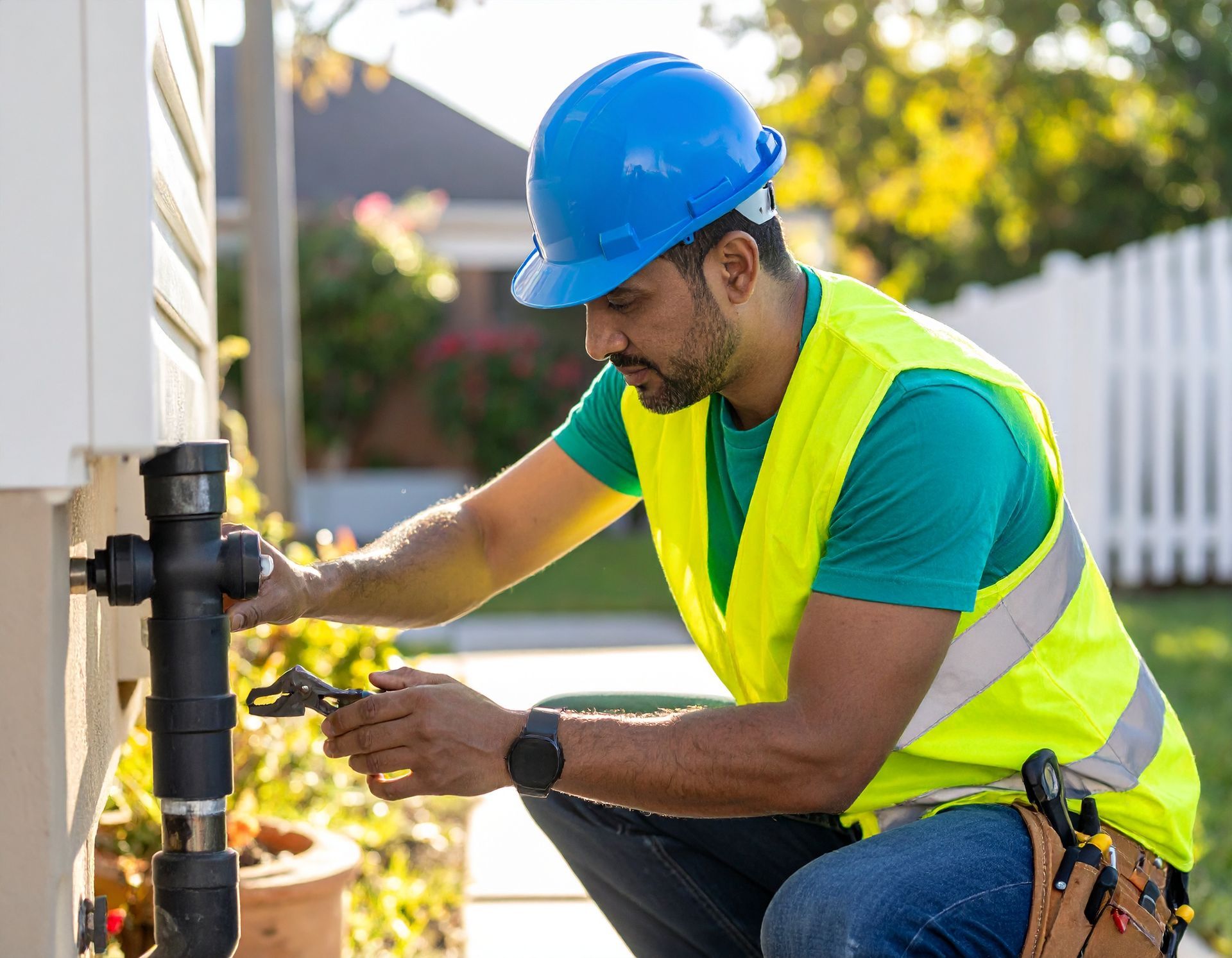 Worker in blue hard hat and yellow vest adjusting an outdoor water pipe