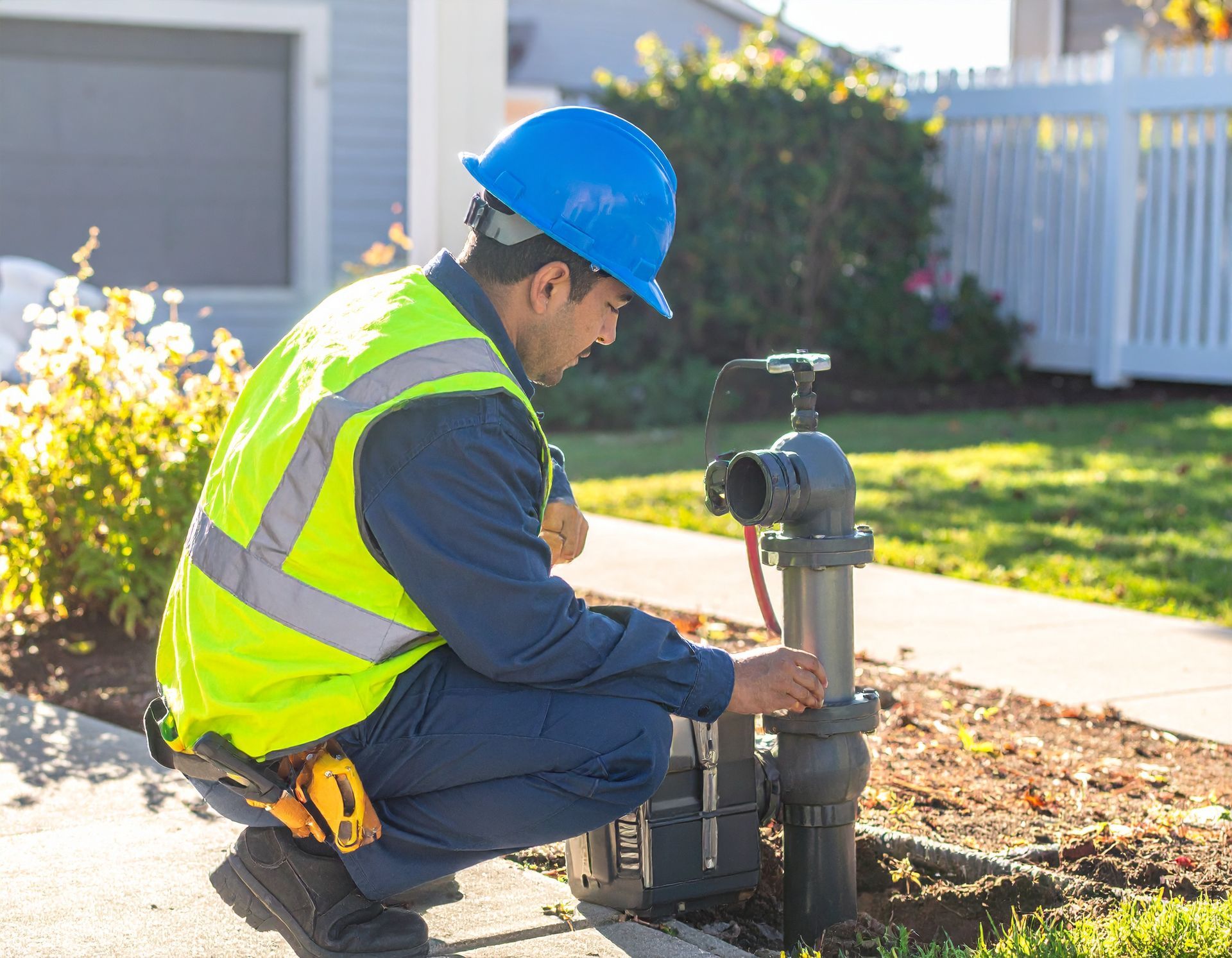 Worker in blue hard hat and neon vest adjusting a fire hydrant on a sunny sidewalk.