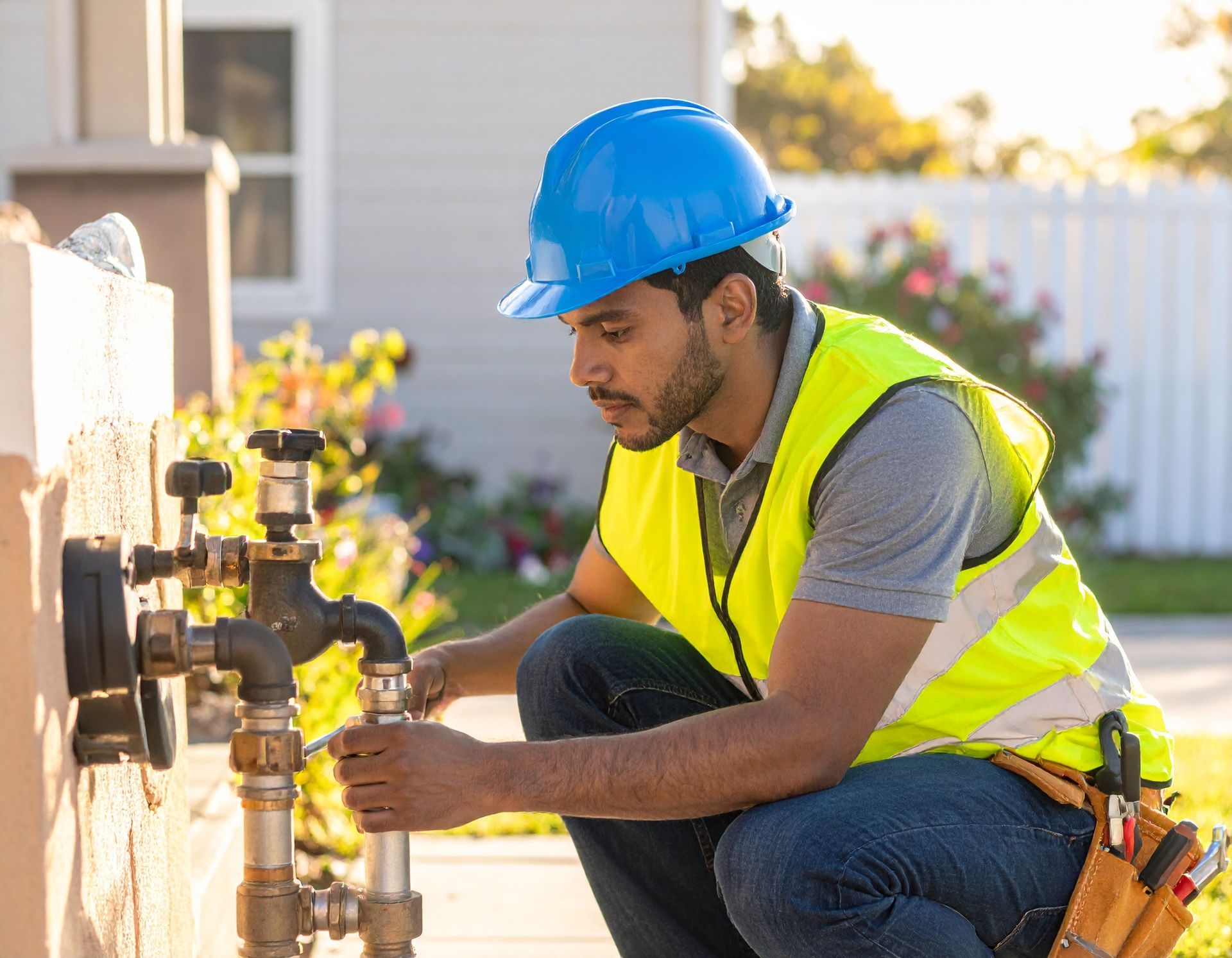 Worker in a blue hard hat and neon vest checking outdoor plumbing valves beside a house