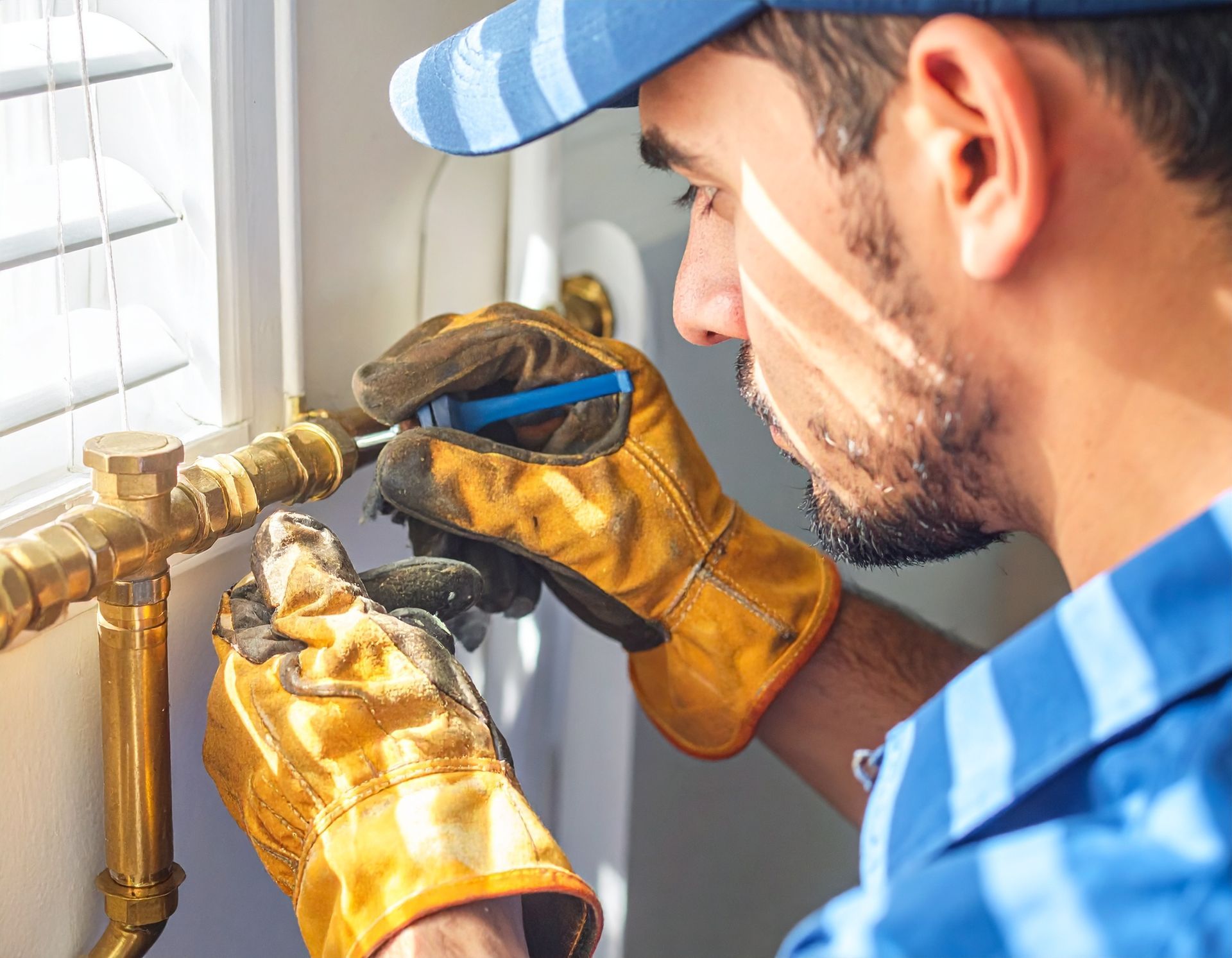 Plumber in gloves repairing a brass pipe valve near a window with a wrench
